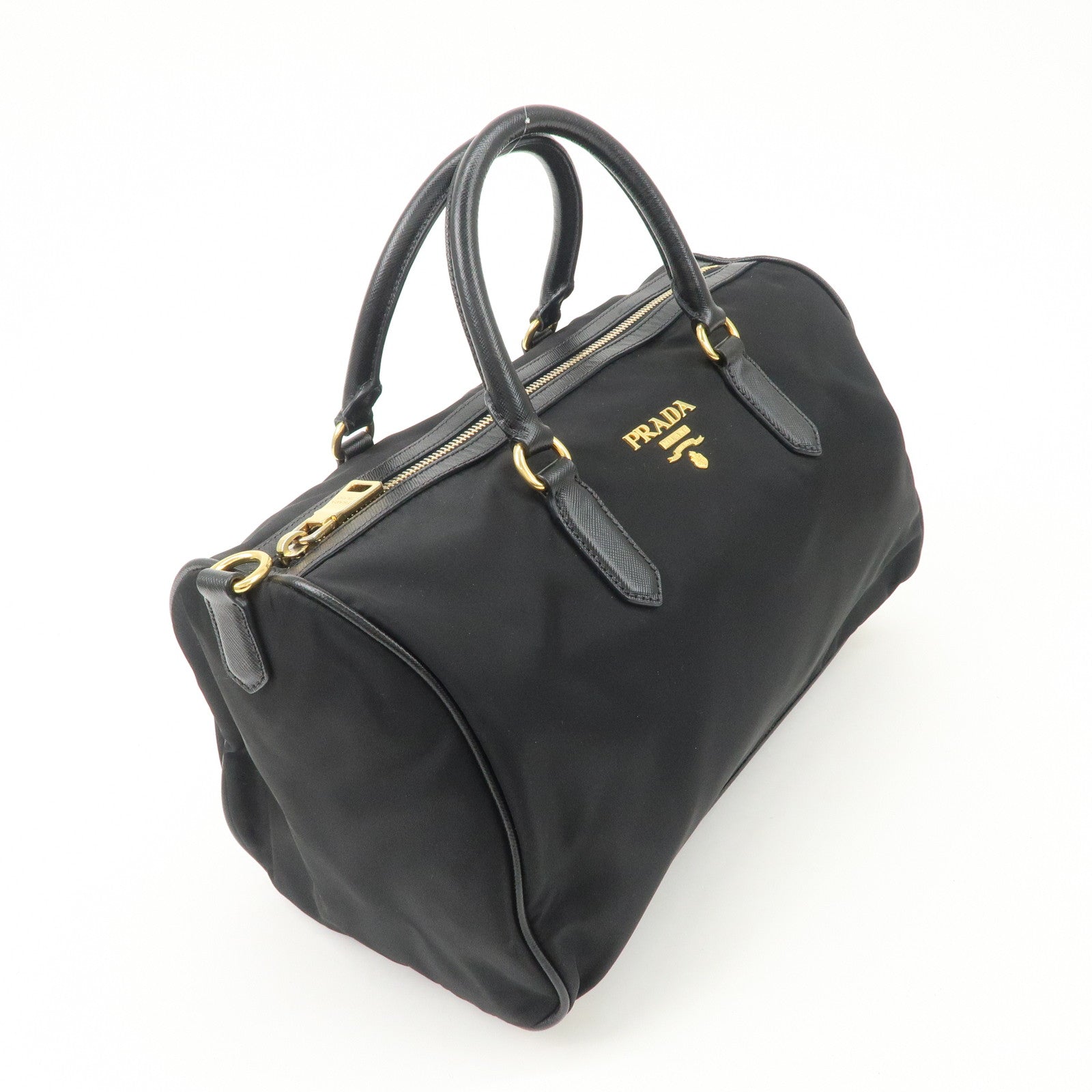 PPRADA Logo Nylon Leather Boston Bag Hand Bag Black Gold HDW Used