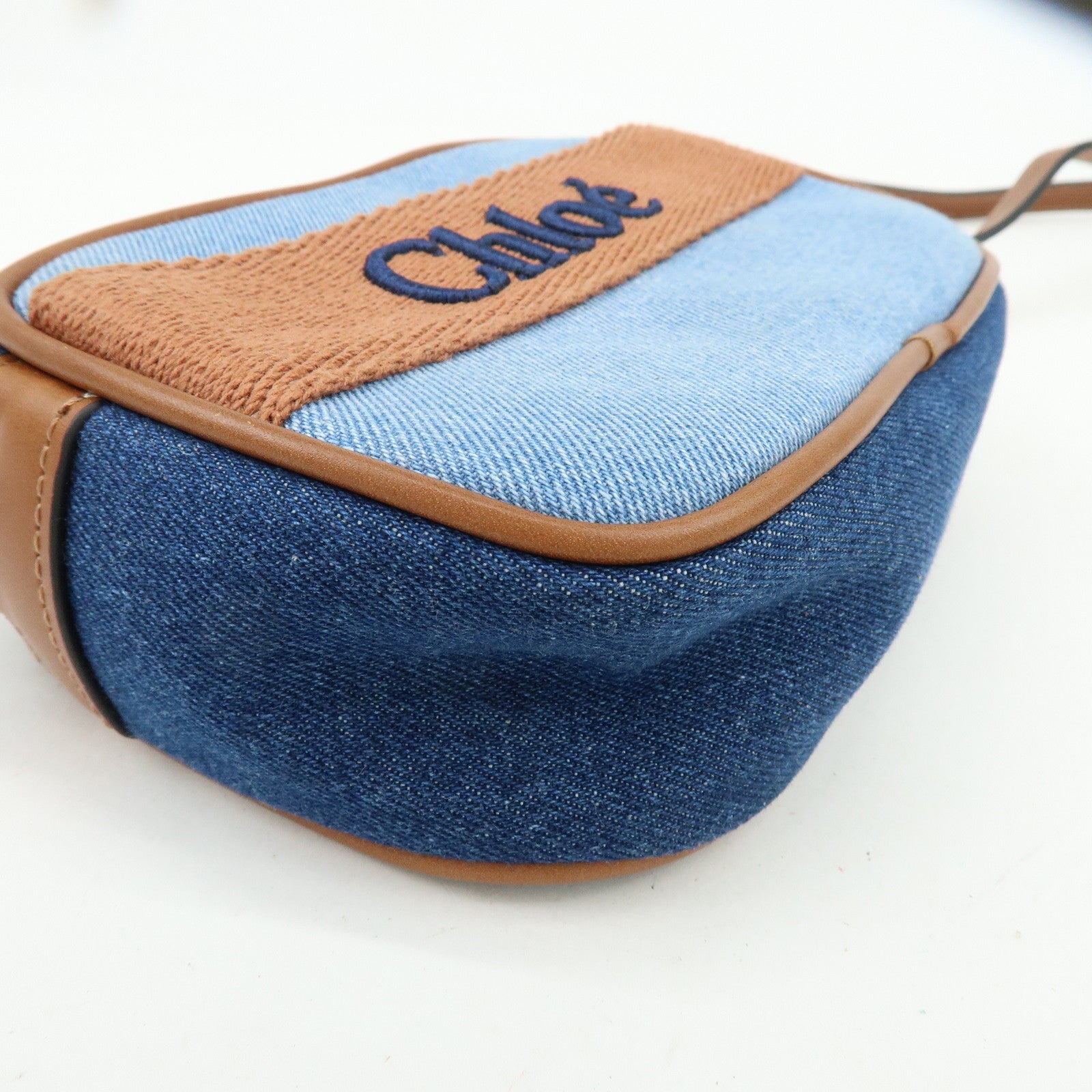Chloe Denim Leather Canvas Shoulder Bag Crossbody Bag Brown Blue