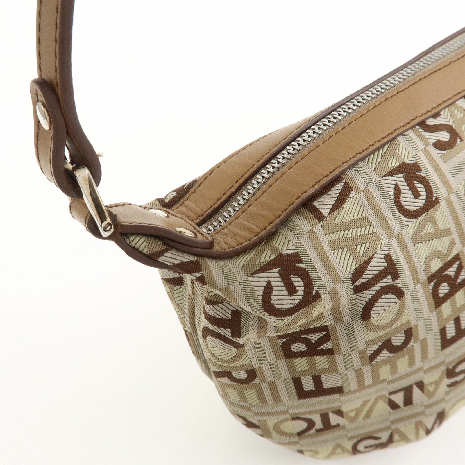 Ferragamo Logo Canvas Leather Hand Bag Shoulder Bag Beige Brown