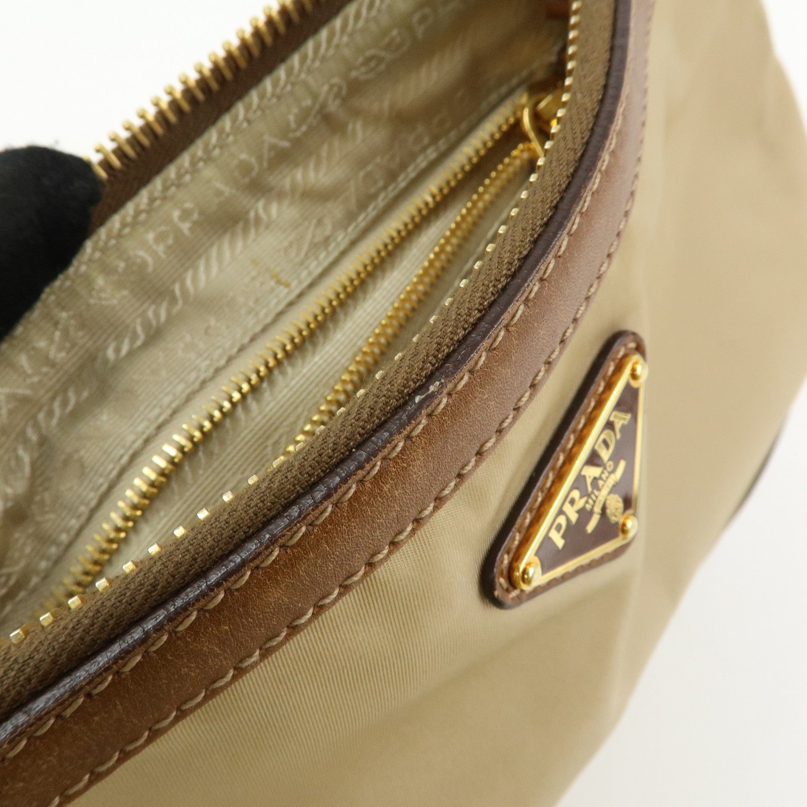 PRADA Triangle Logo Nylon Leather Shoulder Bag Crossbody Bag Beige