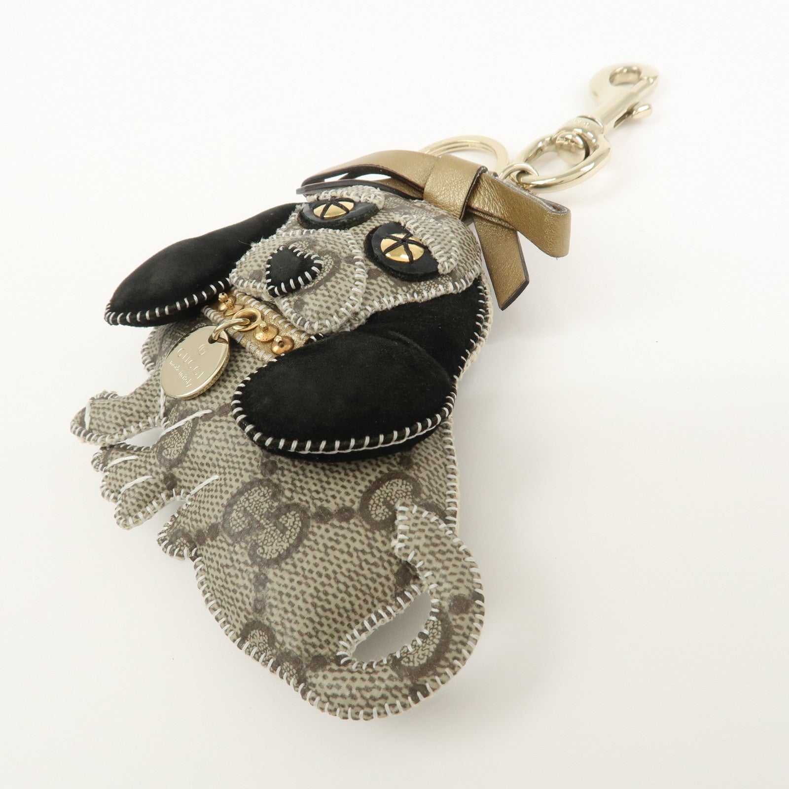 GUCCI GG Plus Suede Leather Bag Charm Key Chain Beige Black 206078