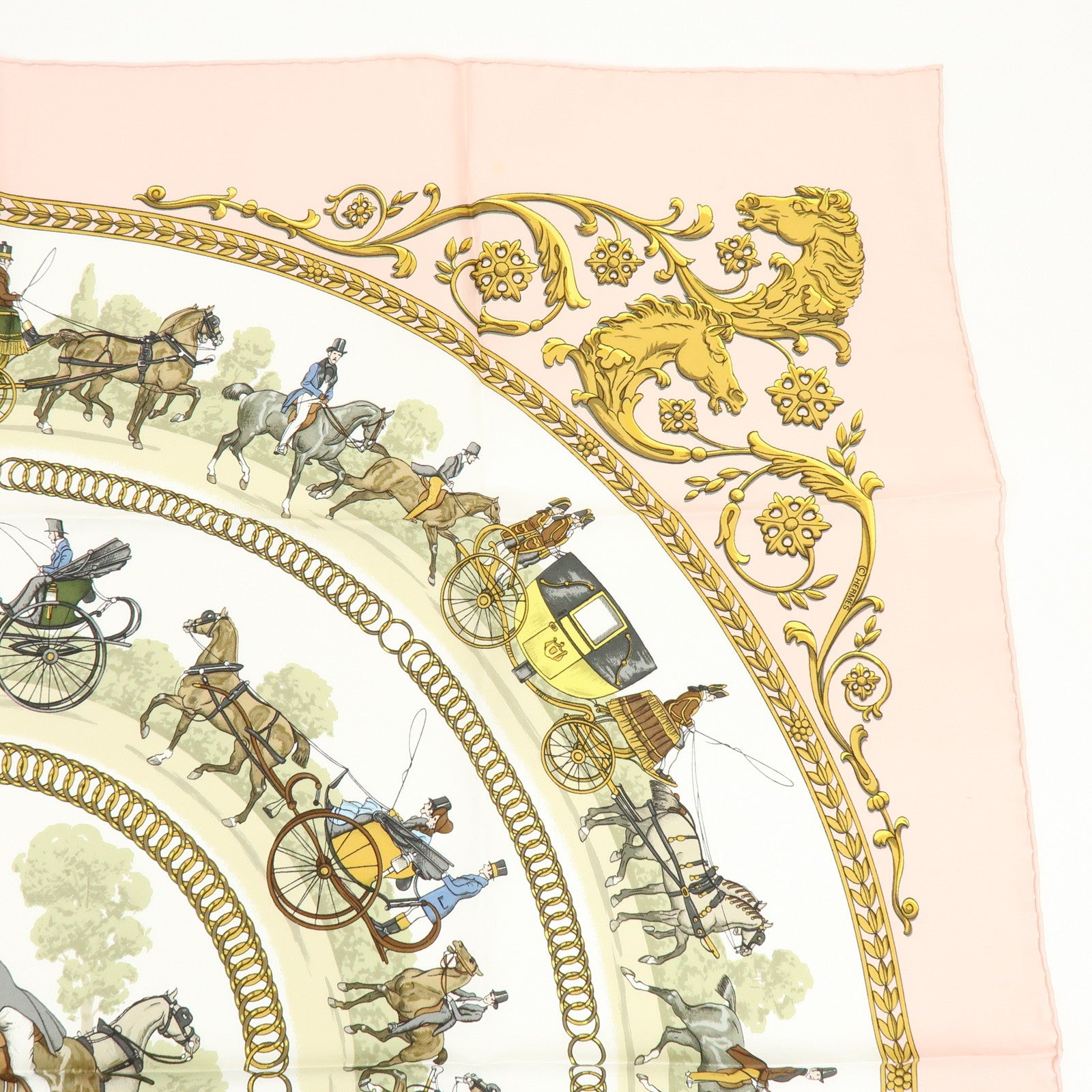 HERMES Carre 90 Silk 100% Scarf LA PROMENADE DE LONGCHAMPS Pink