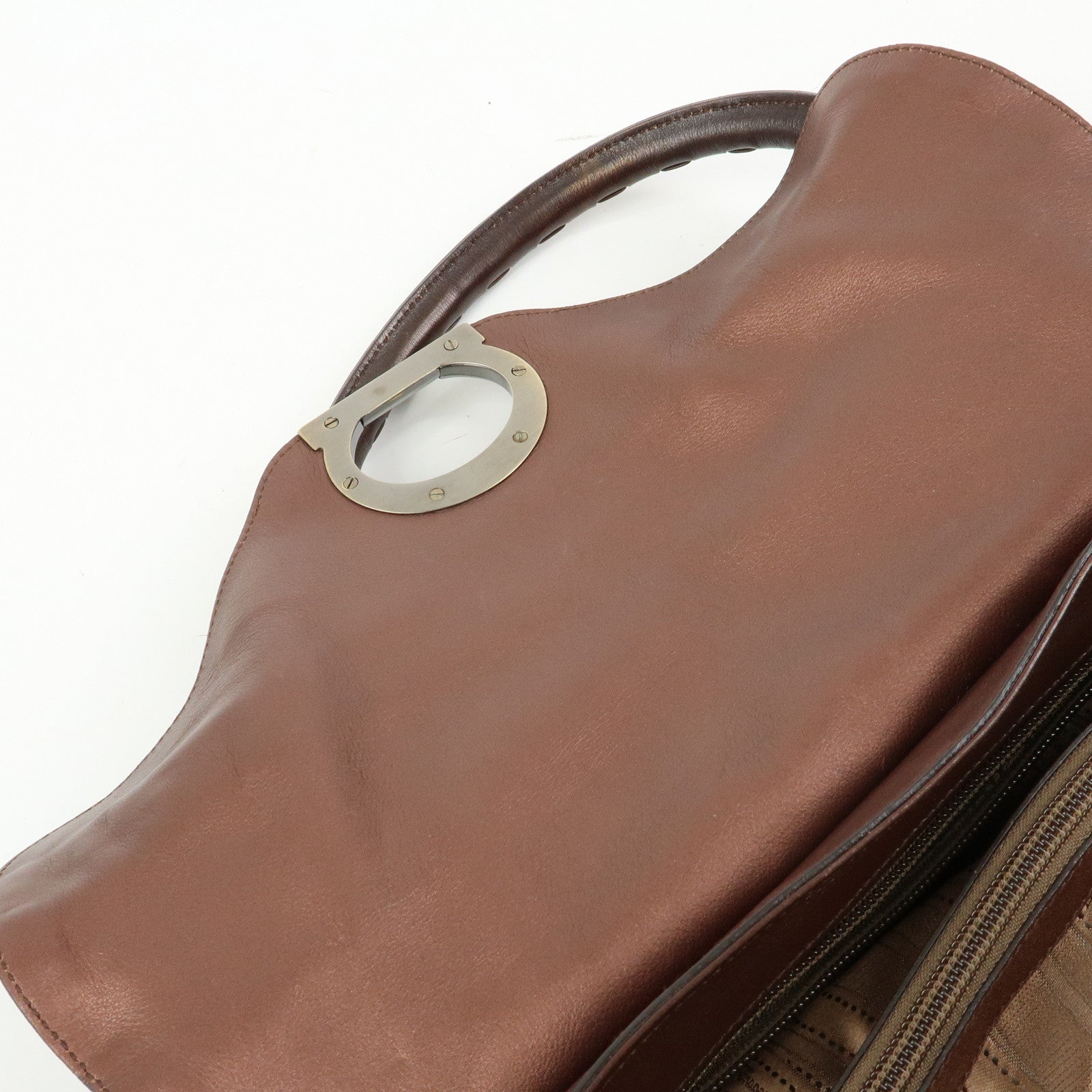 Ferragamo Gancini Leather 2Way Bag Hand Shoulder Bag Metallic Brown