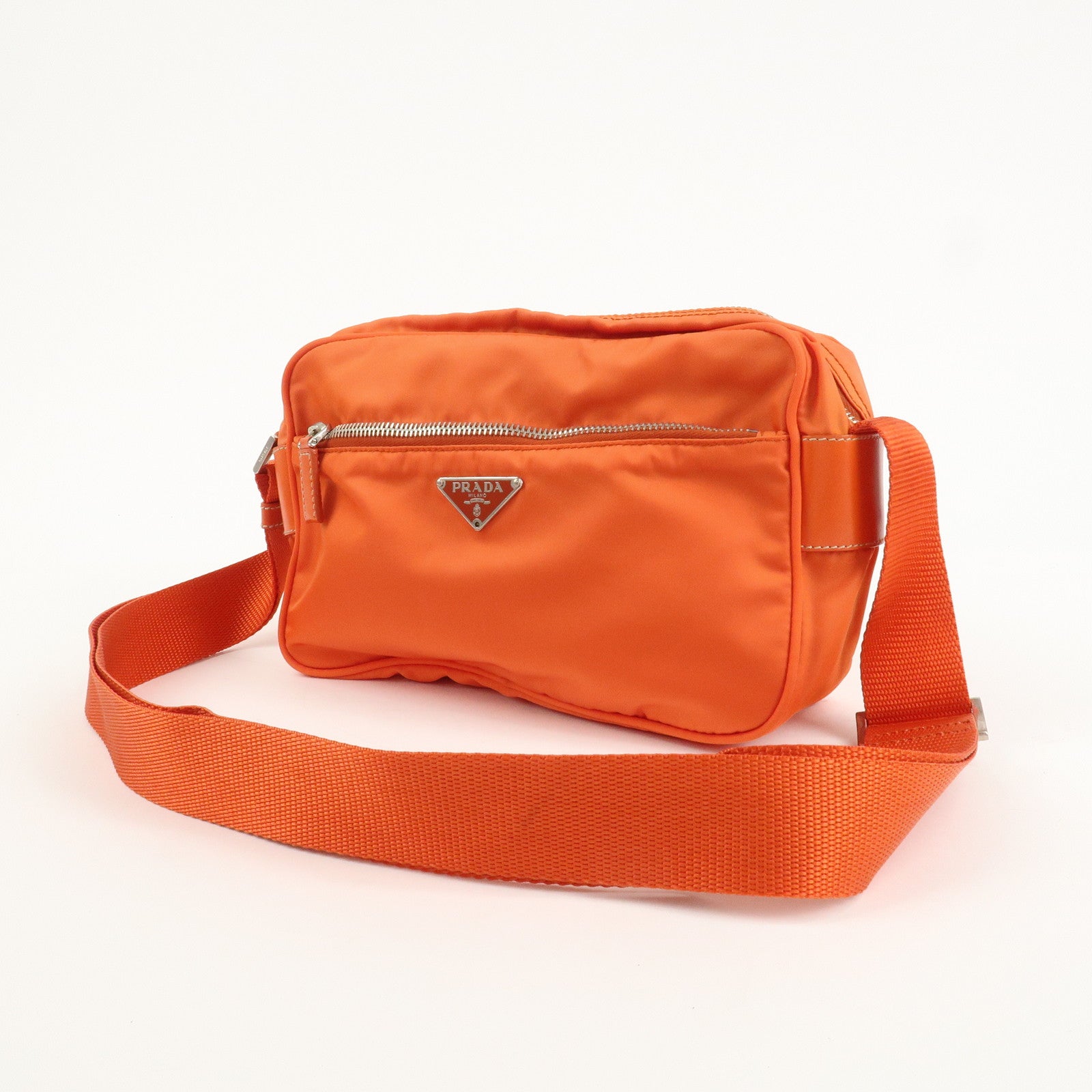PRADA Triangle Logo Leather Nylon Shoulder Bag Orange Used