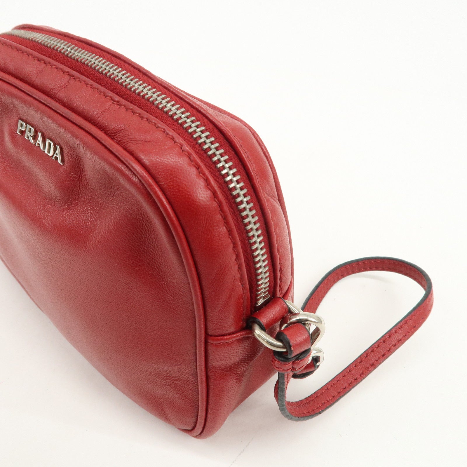 PRADA Logo Leather MiniPouch Wristlet Bag Red