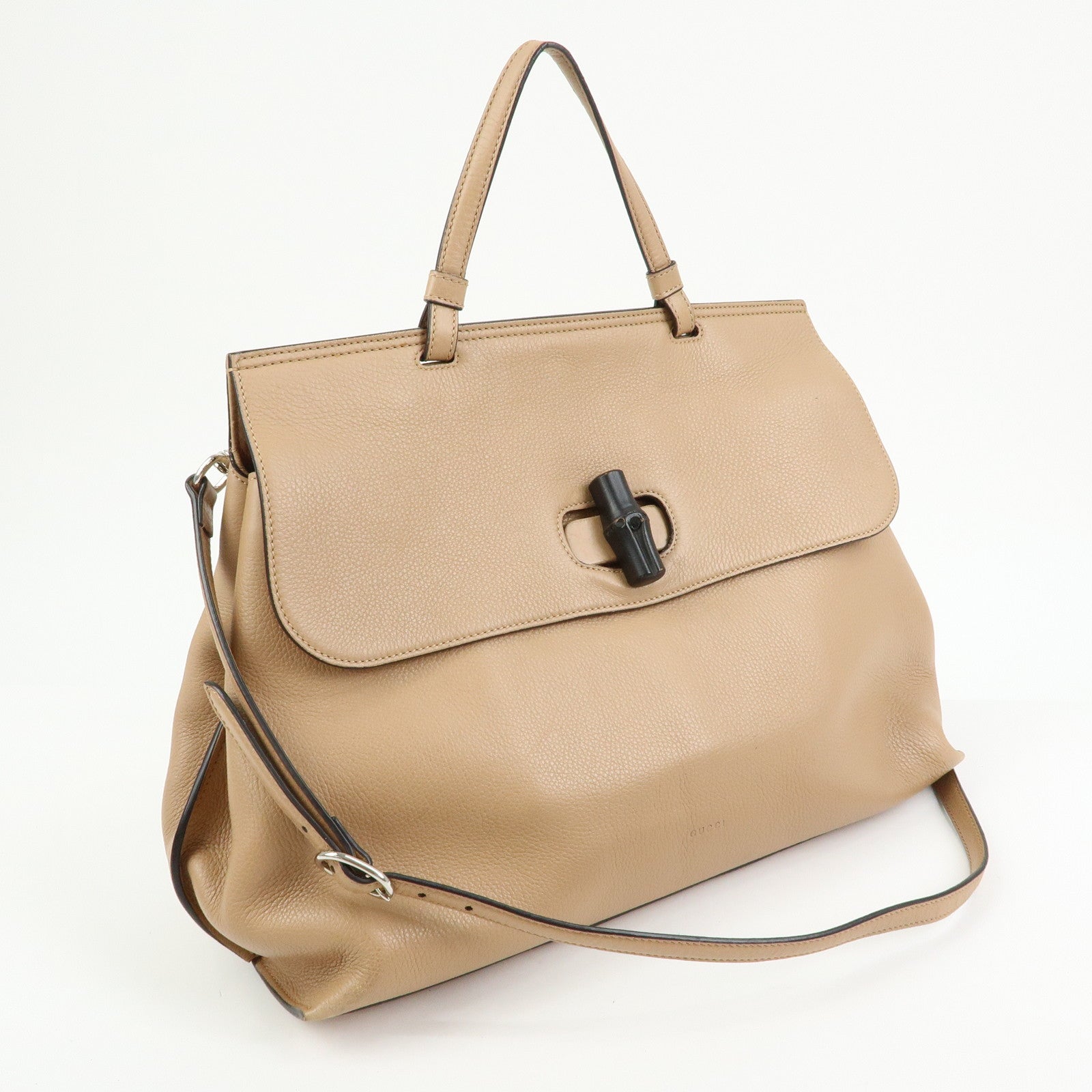 GUCCI Bamboo Daily Leather 2Way Bag Hand Shoulder Bag Beige 370830