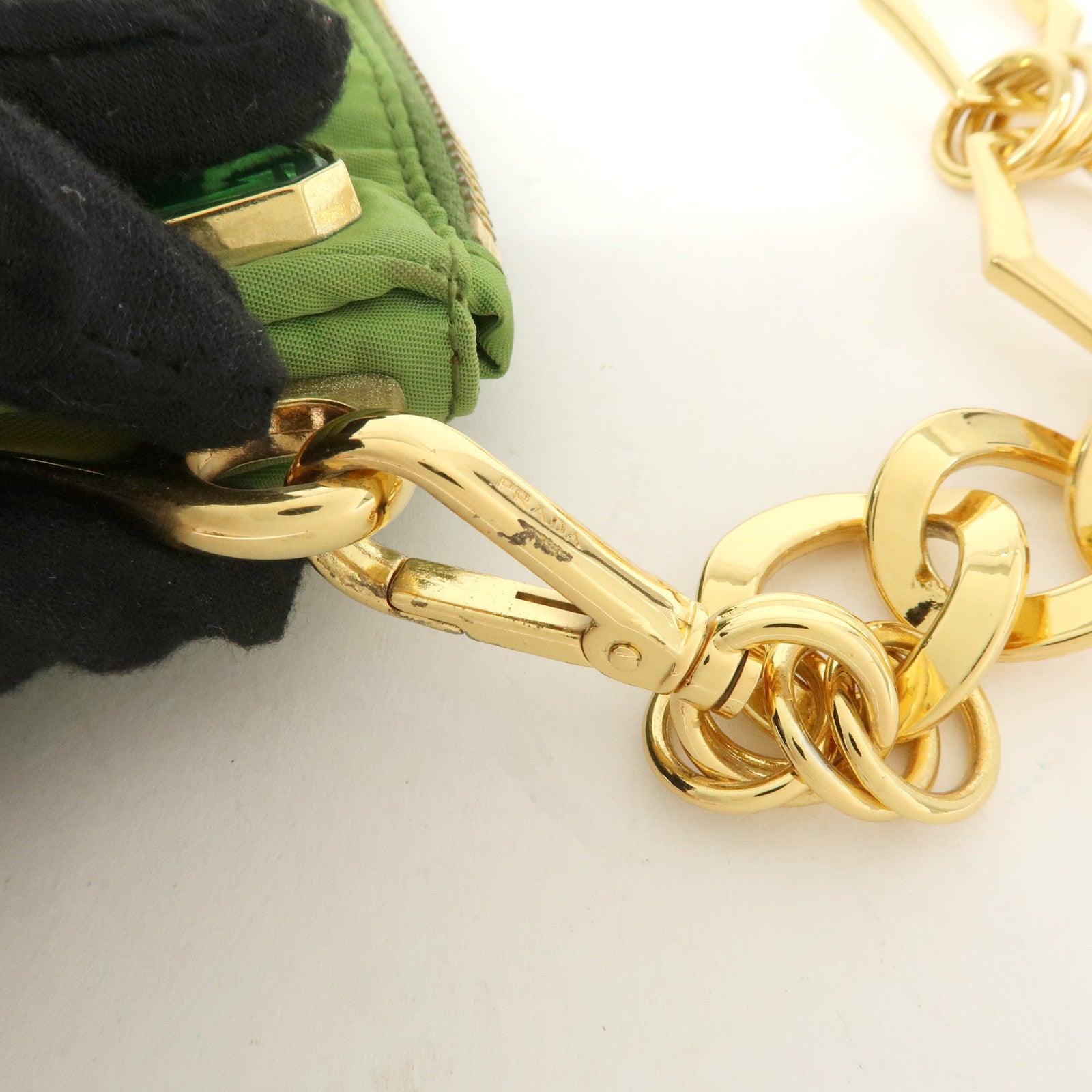 PRADA Bijou Nylon Stone Chain Shoulder Bag Clutch Bag Green