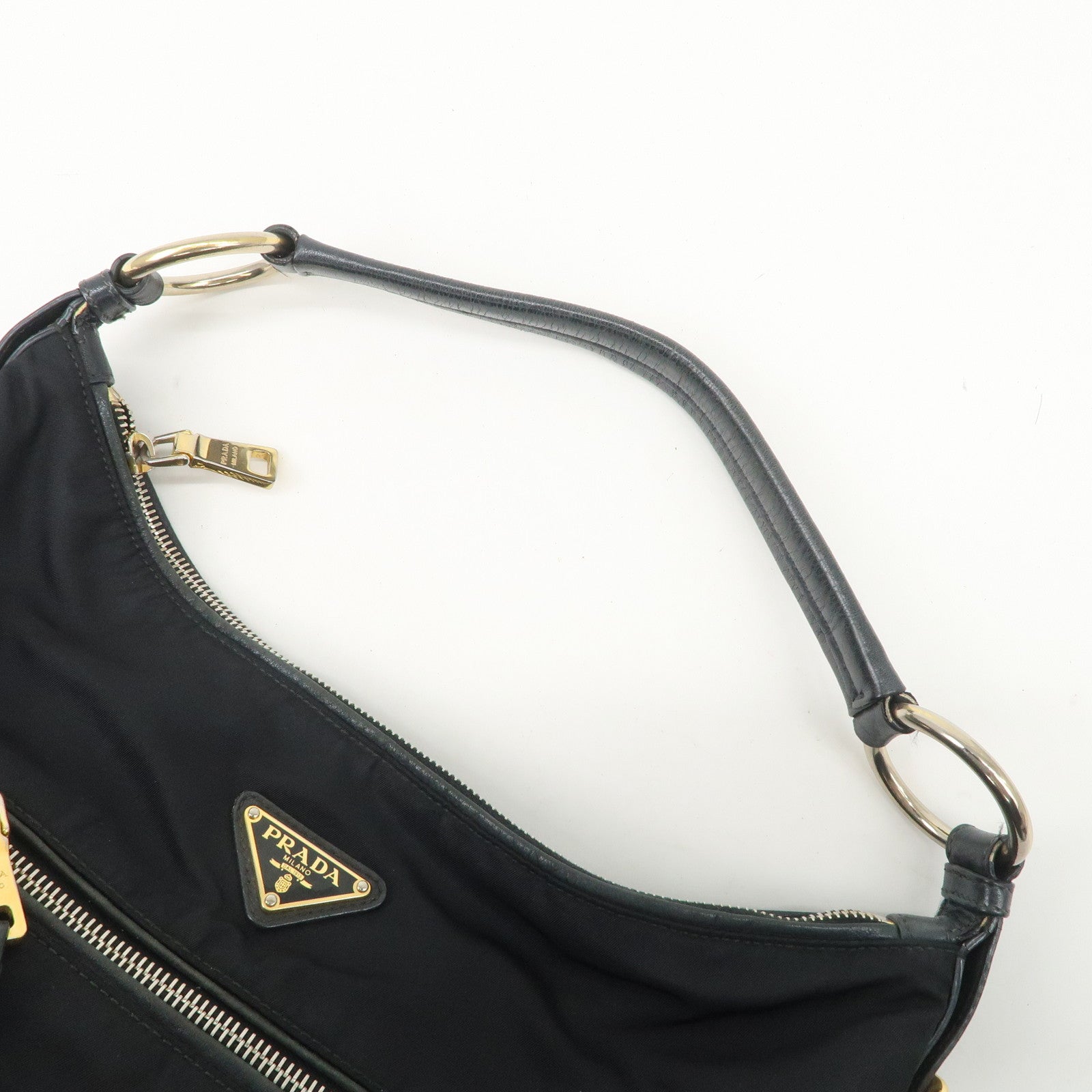 PRADA Triangle Logo Leather Nylon Shoulder Bag Black