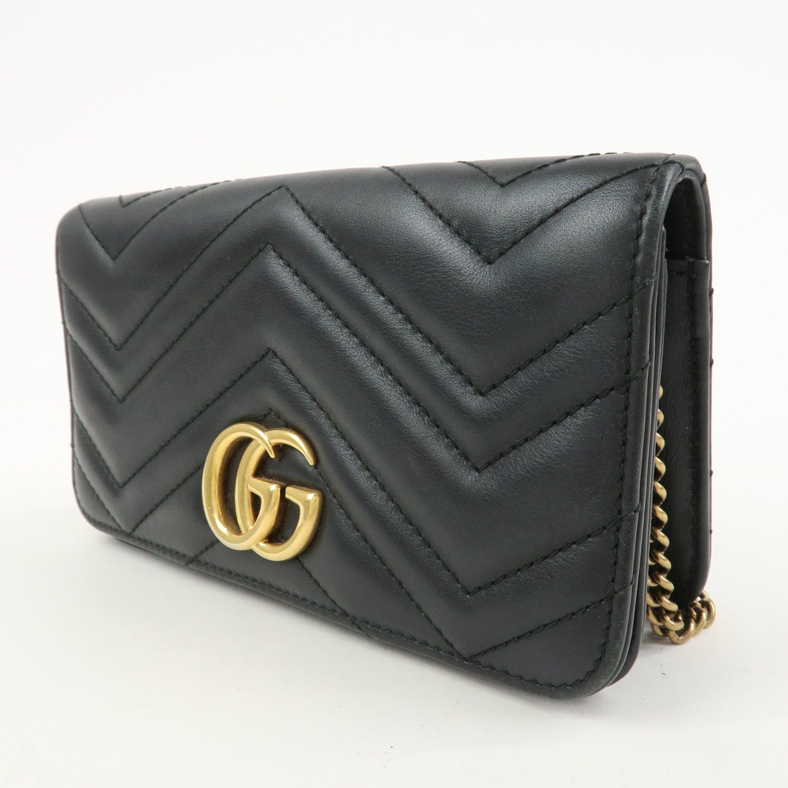 GUCCI GG Marmont Leather Chain Shoulder Bag Black Gold 488426
