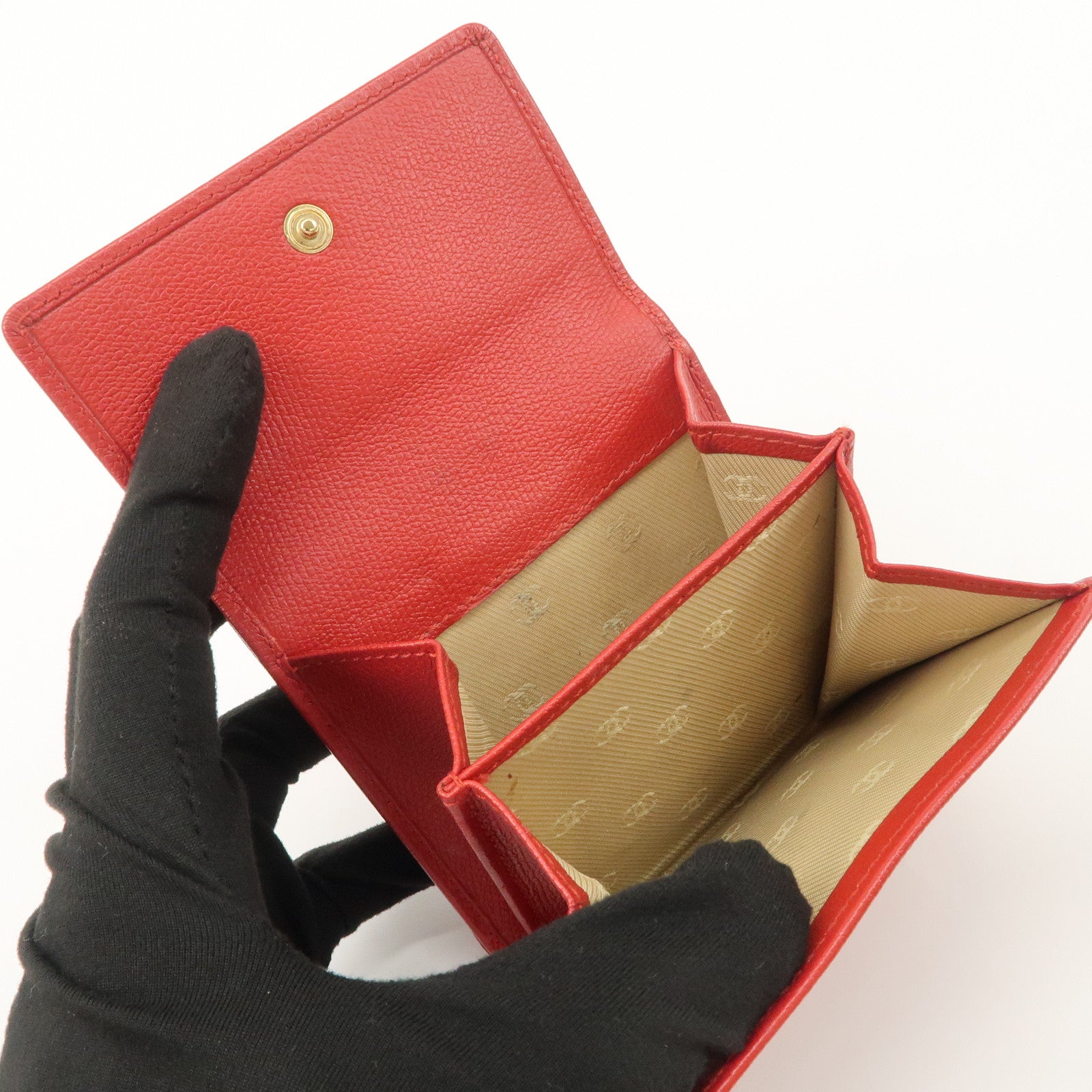 CHANEL COCO Button Leather Double Hook Compact Wallet Red A20902