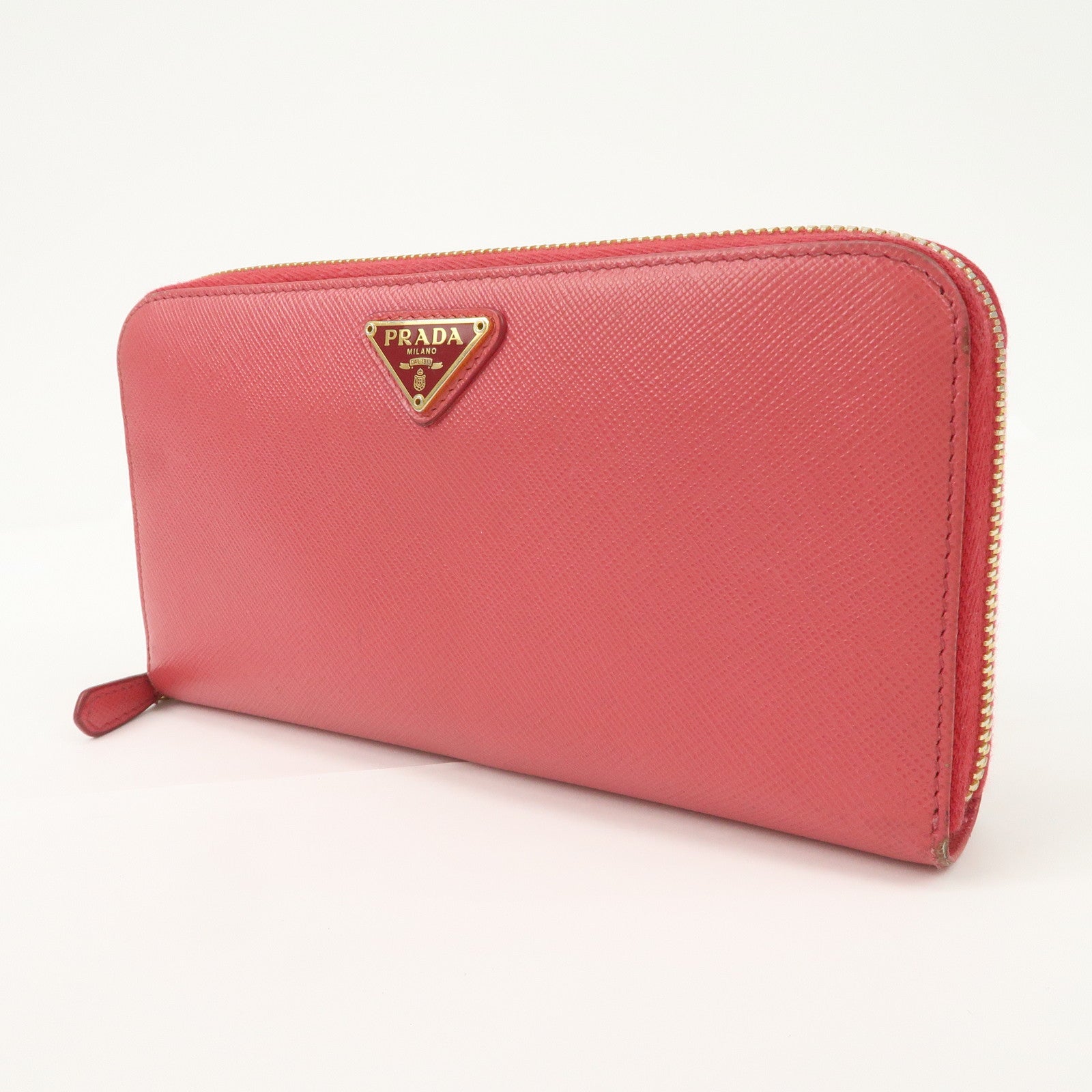 PRADA Logo Saffiano Leather Round Zippy Long Wallet Pink 1M0506