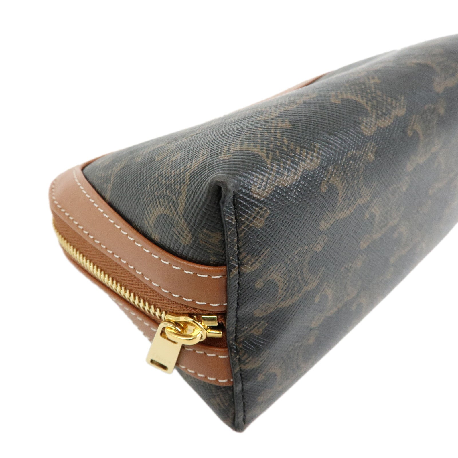 CELINE Triomphe PVC Calf Leather Cosmetic Pouch Tan Dark Brown