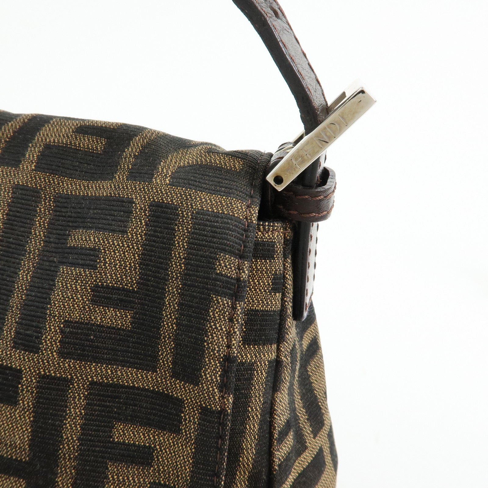 FENDI Mamma Baguette Zucca Canvas Leather Shoulder Bag Brown 26325