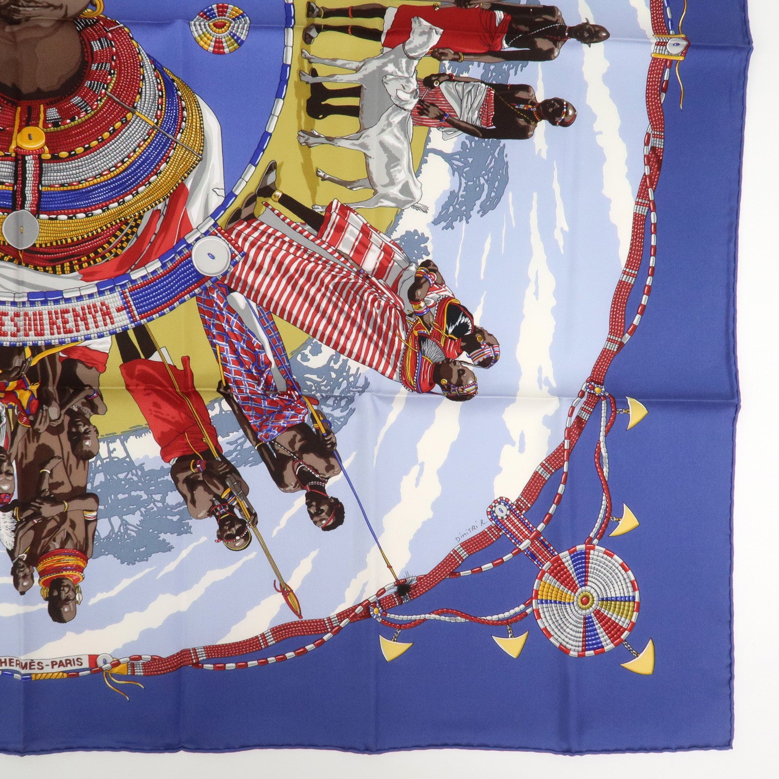 HERMES Carre 90 Silk 100% Scarf PERLES DU KENYA Blue Multicolor