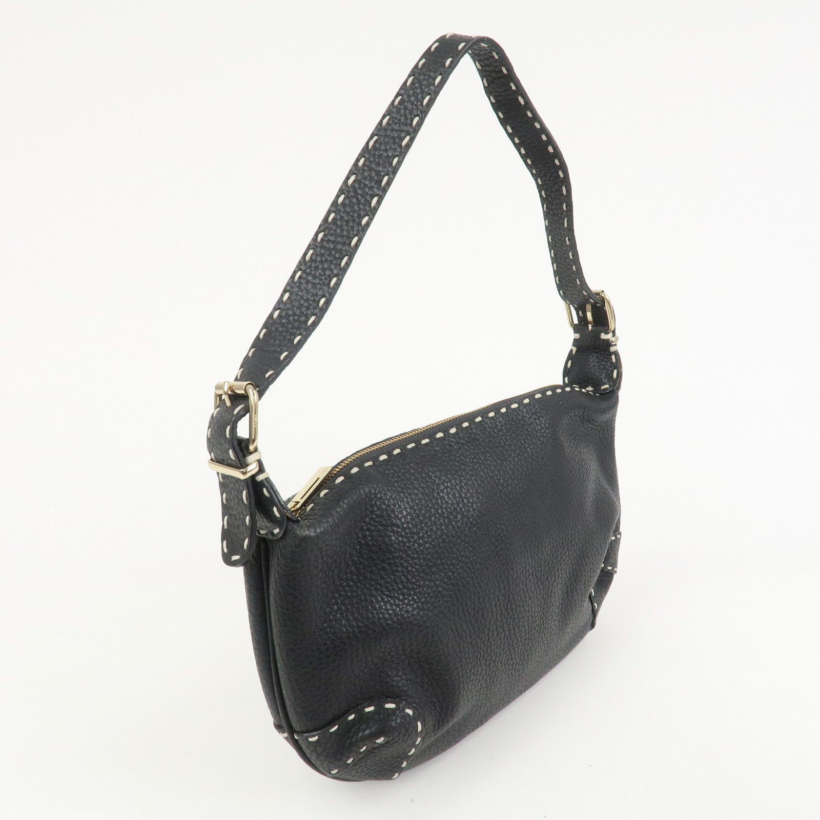 FENDI Selleria Logo Leather Shoulder Bag Hand Bag Black