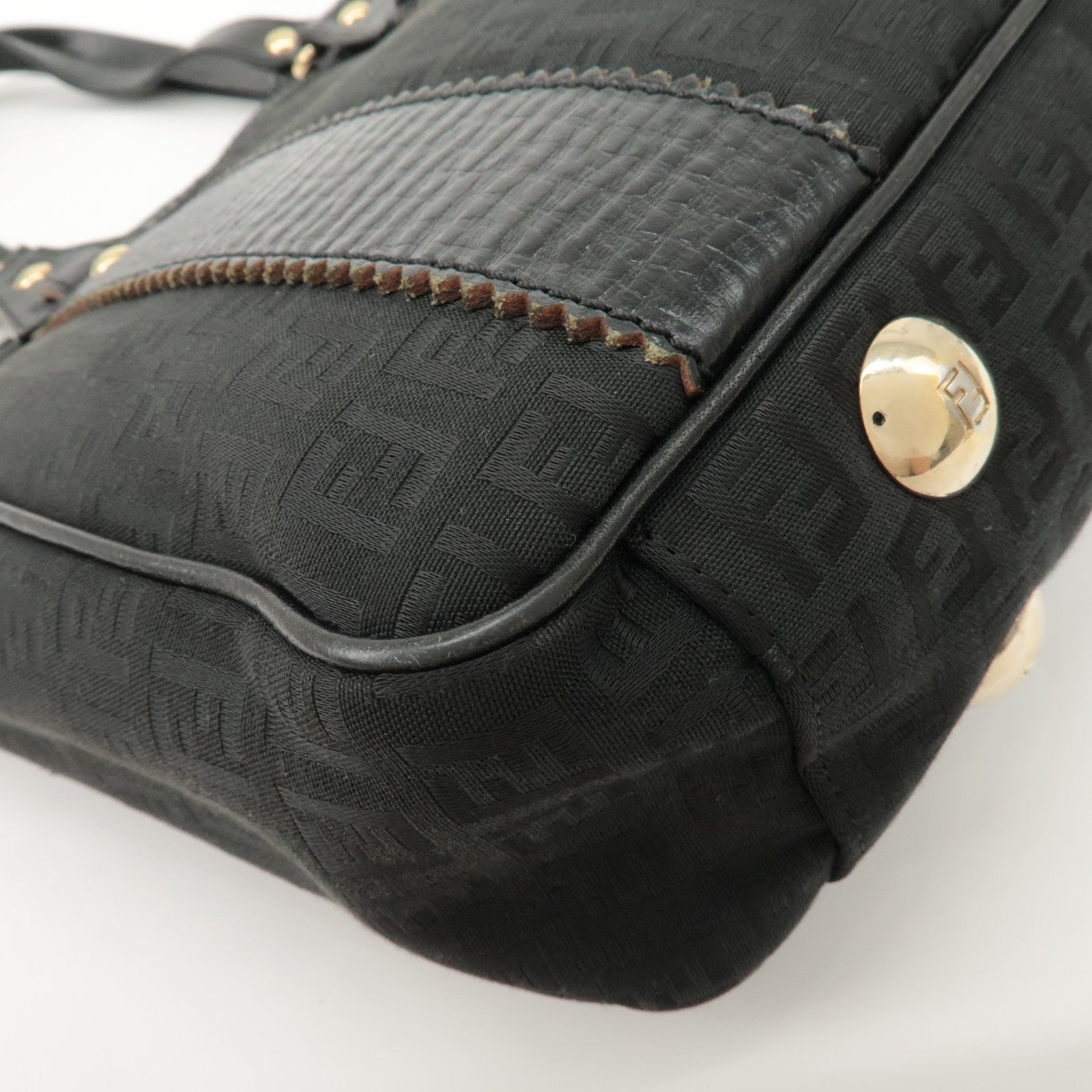 FENDI Zucchino Leather Canvas Tote Bag Hand Bag Black 8BH161 Used