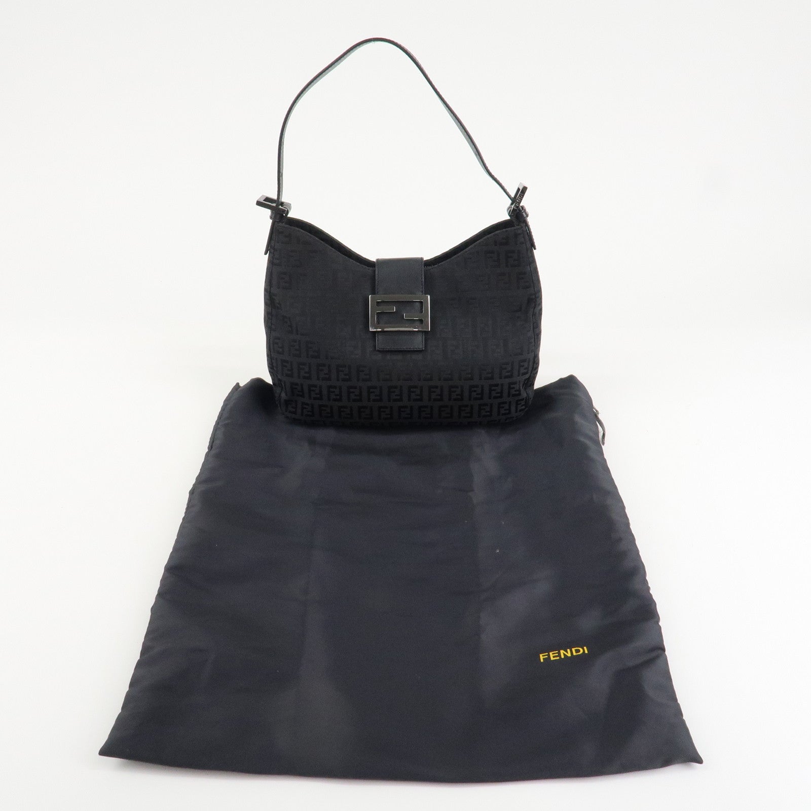 FENDI Zucchino Leather Canvas Shoulder Bag Black Used