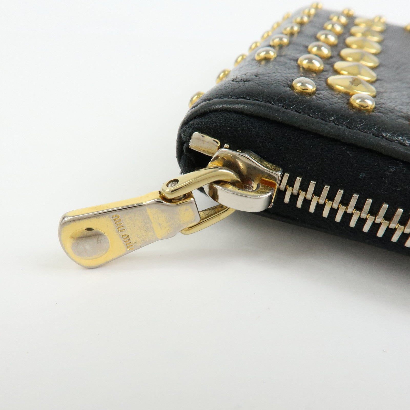 MIU MIU Madras Leather Studs Compact Coin Case Wallet Black