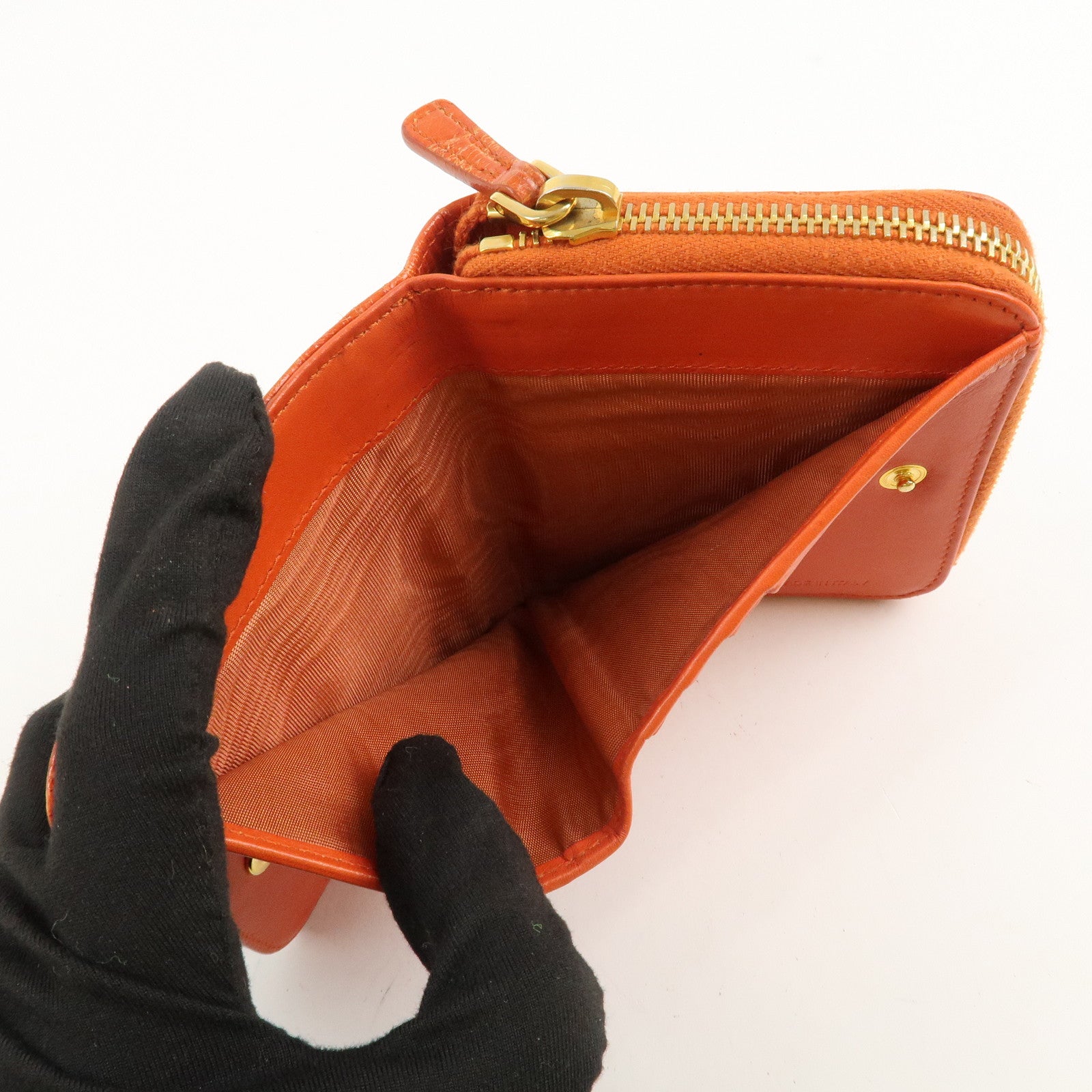 MIU MIU Leather Bi-Fold Wallet Compact Wallet Orange Gold Hardware Used