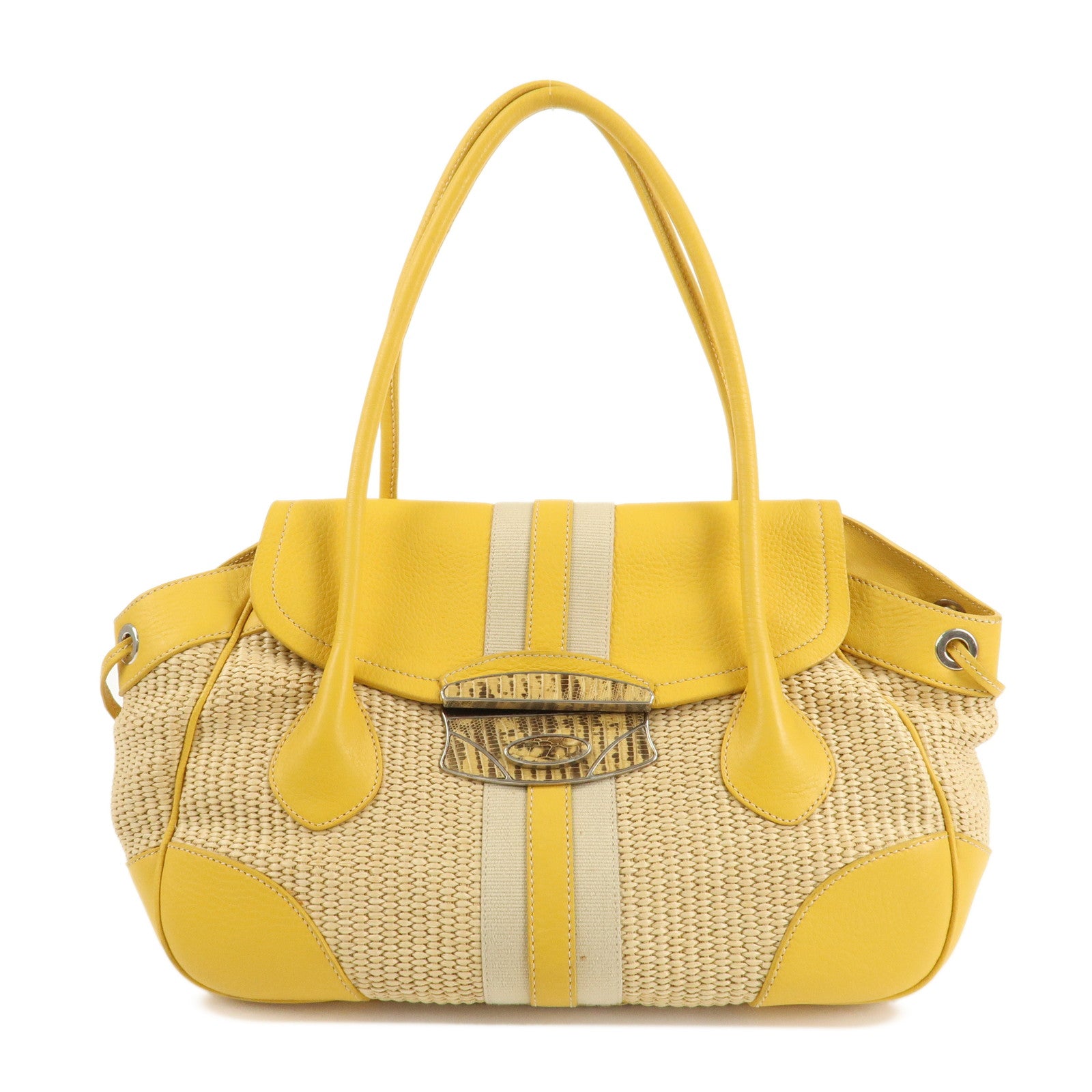 PRADA Triangle Logo Leather Raffia Tote Bag Beige Yellow Used