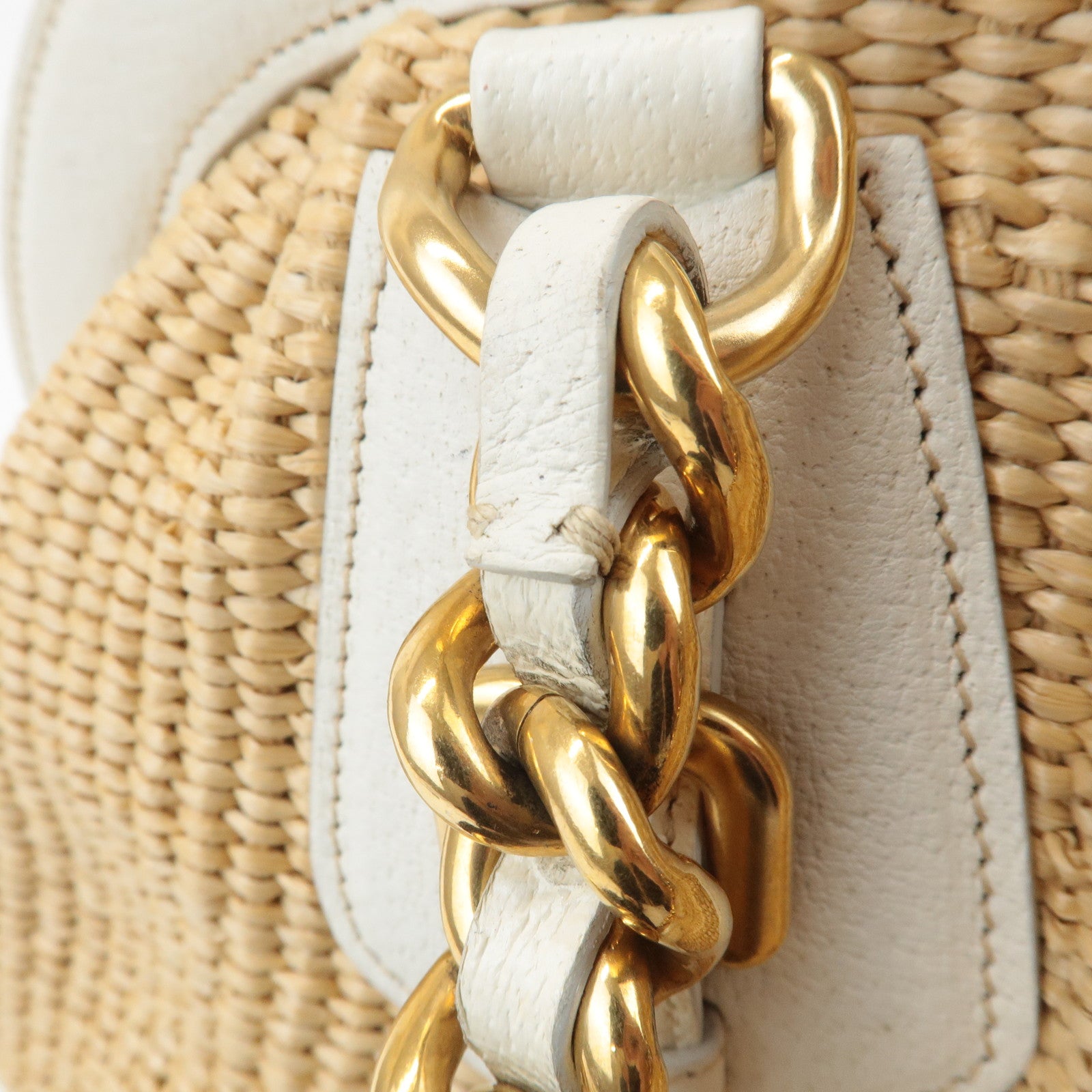 PRADA Triangle Leather Raffia Shoulder Bag Straw Bag Beige BR3693 Used