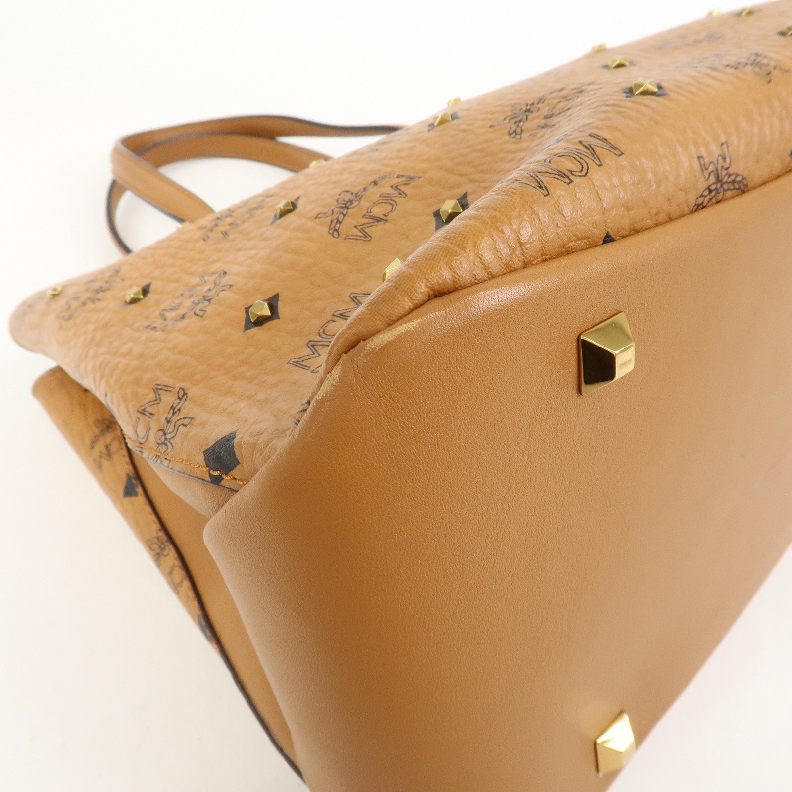 MCM Visetos PVC Leather 2Way Bag Hand Shoulder Bag Studs Cognac