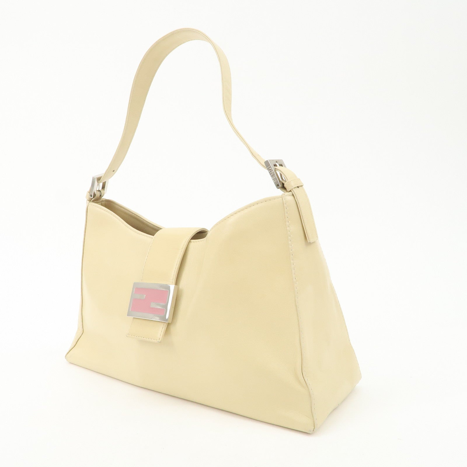 FENDI Logo Leather Shoulder Bag Hand Bag Beige Silver Hardware