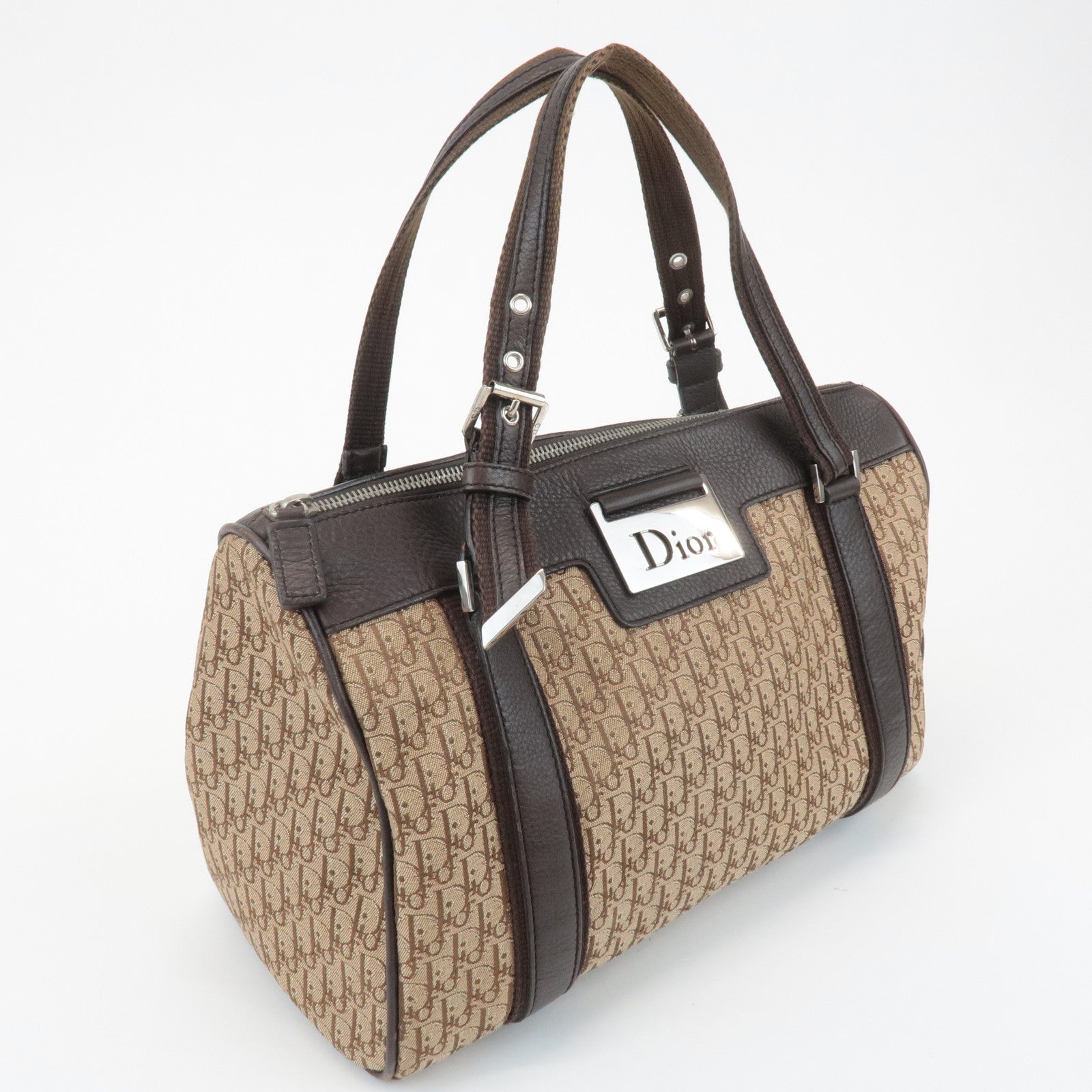 Christian Dior Trotter Street Chic Leather Canvas Boston Bag Beige Used