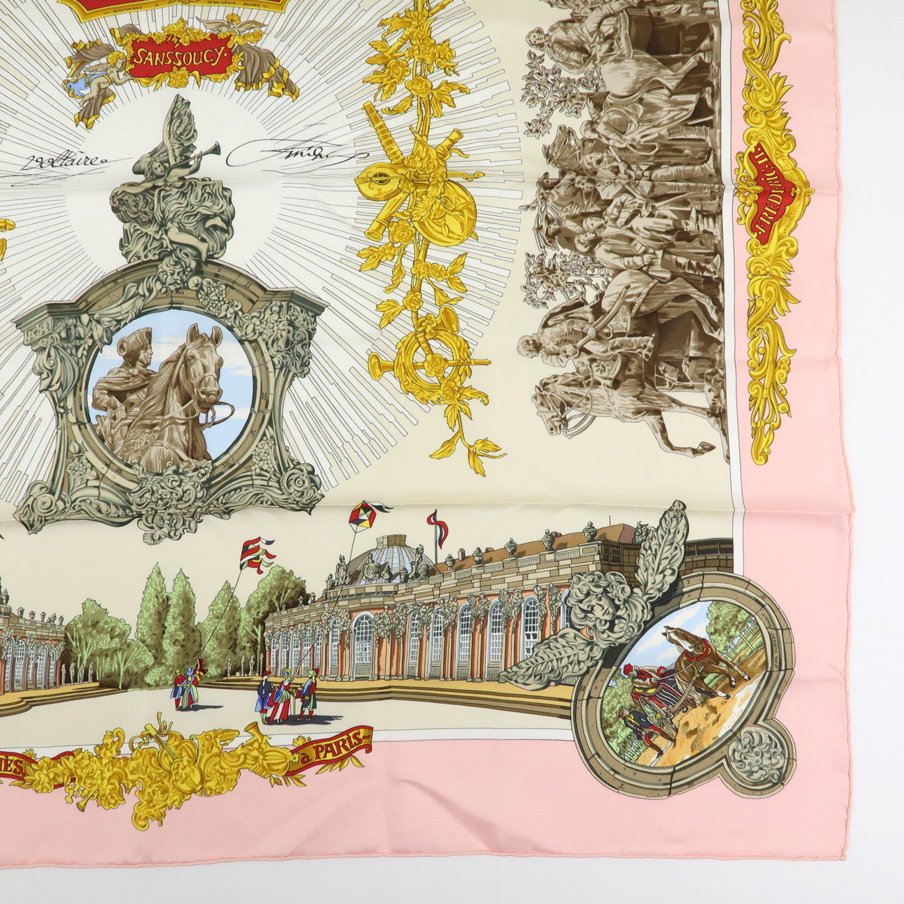 HERMES Carre 90 Silk 100% Scarf SANSSOUCY Pink White