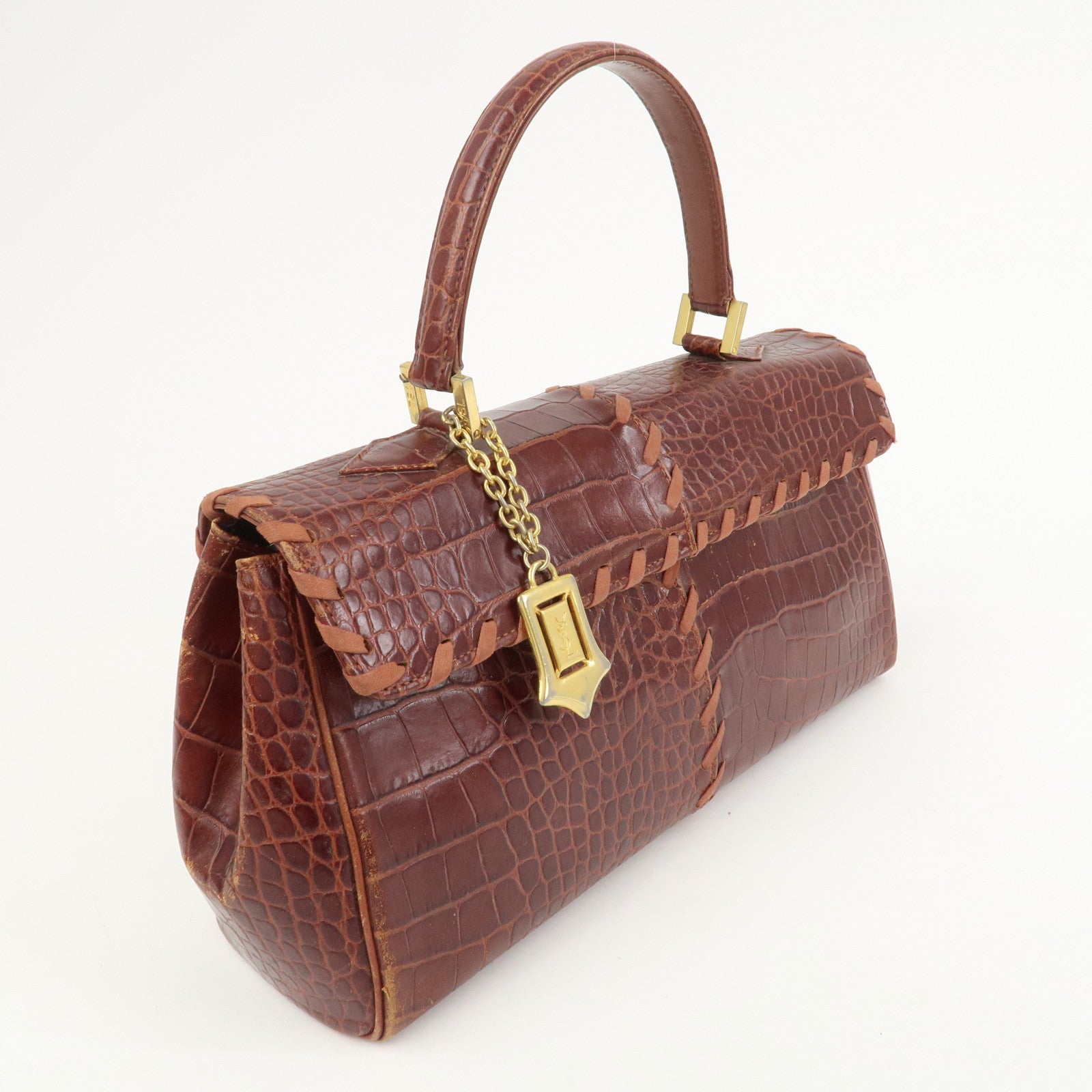 SAINT LAURENT PARIS Embossed Leather Hand Bag Red Brown