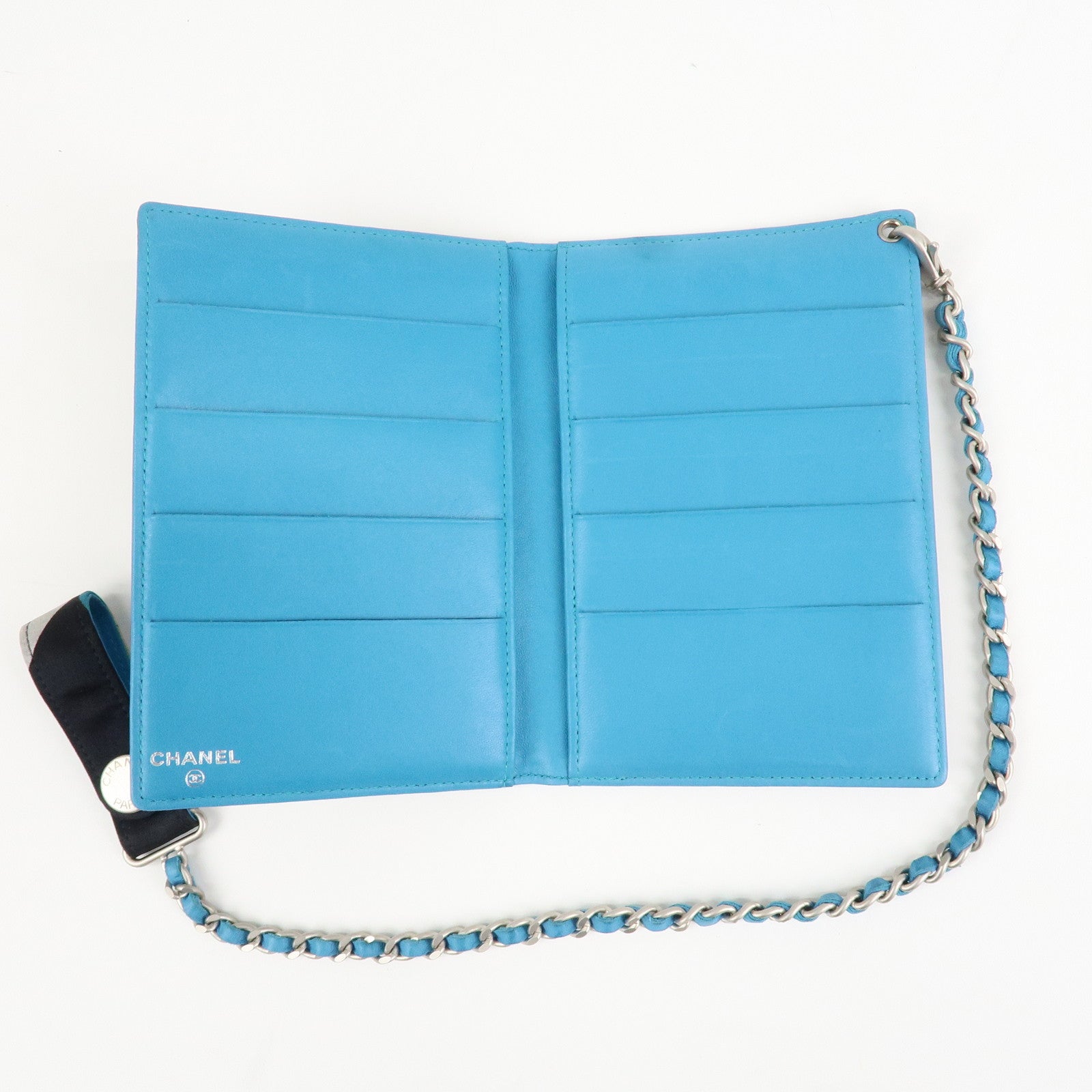 CHANEL Canvas Leather Chain Passport Case Black Multicolor