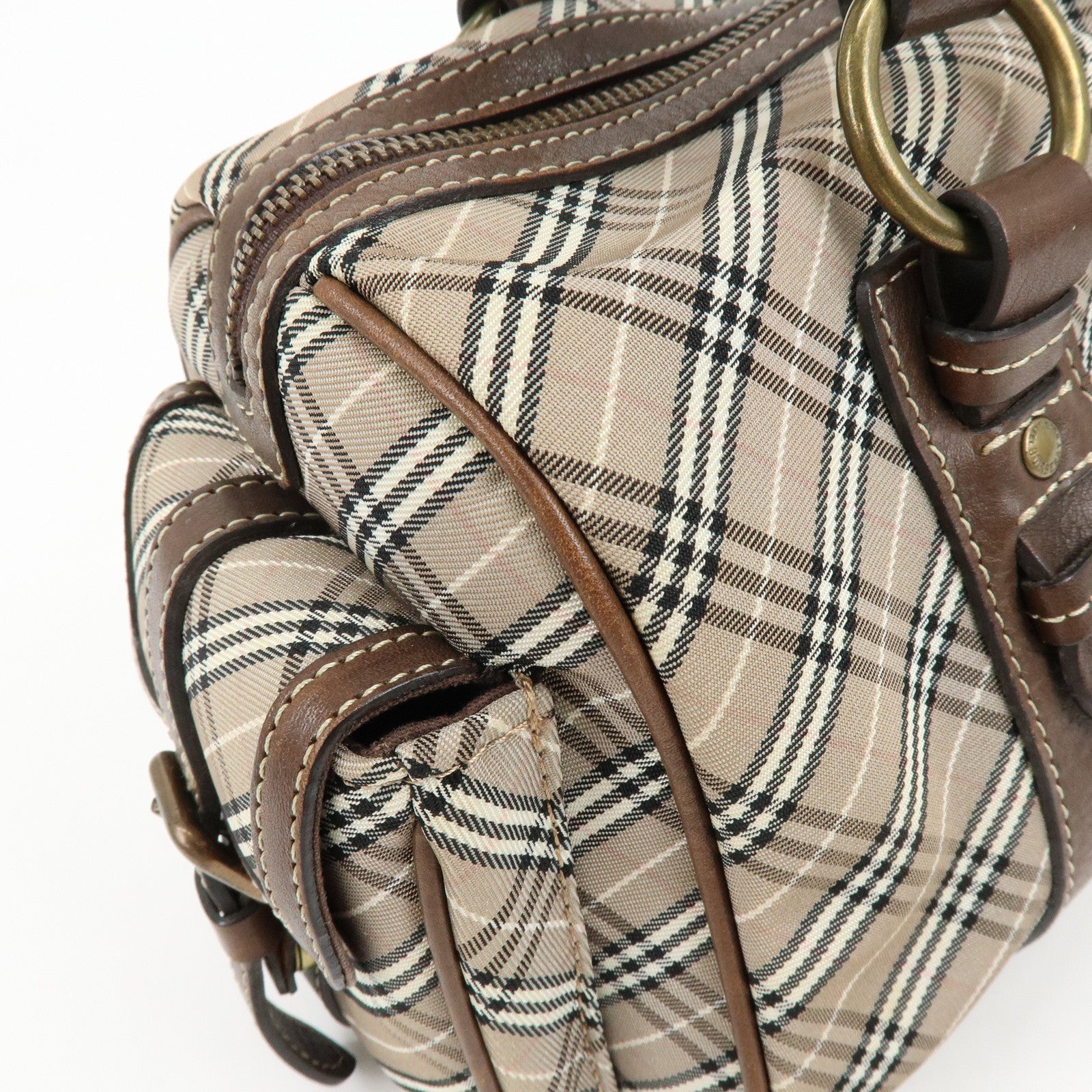 BURBERRY Blue Label Canvas Leather Plaid Hand Bag Boston Bag Brown
