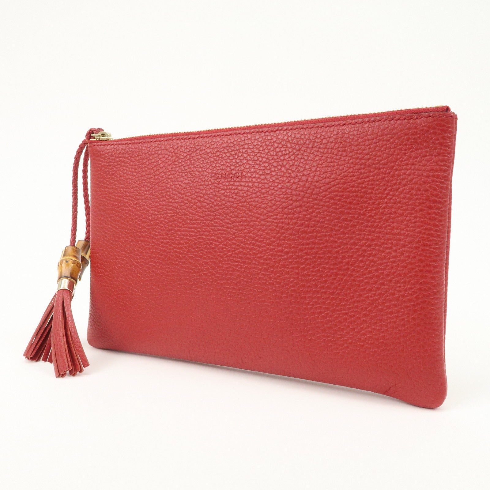 GUCCI Bamboo Leather Clutch Bag Pouch Red 449652