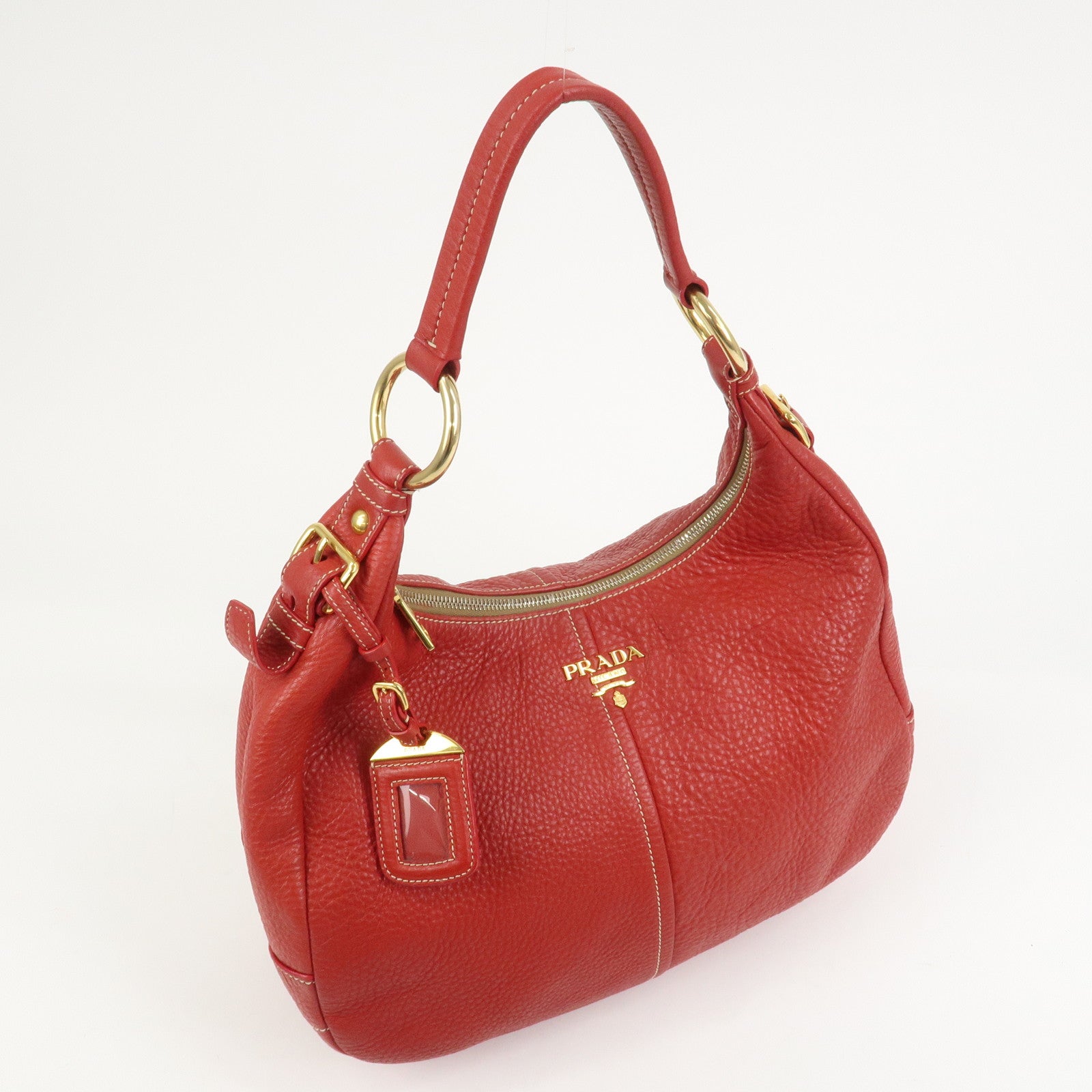 PRADA Logo Leather Shoulder Bag Hand Bag Red BR4373
