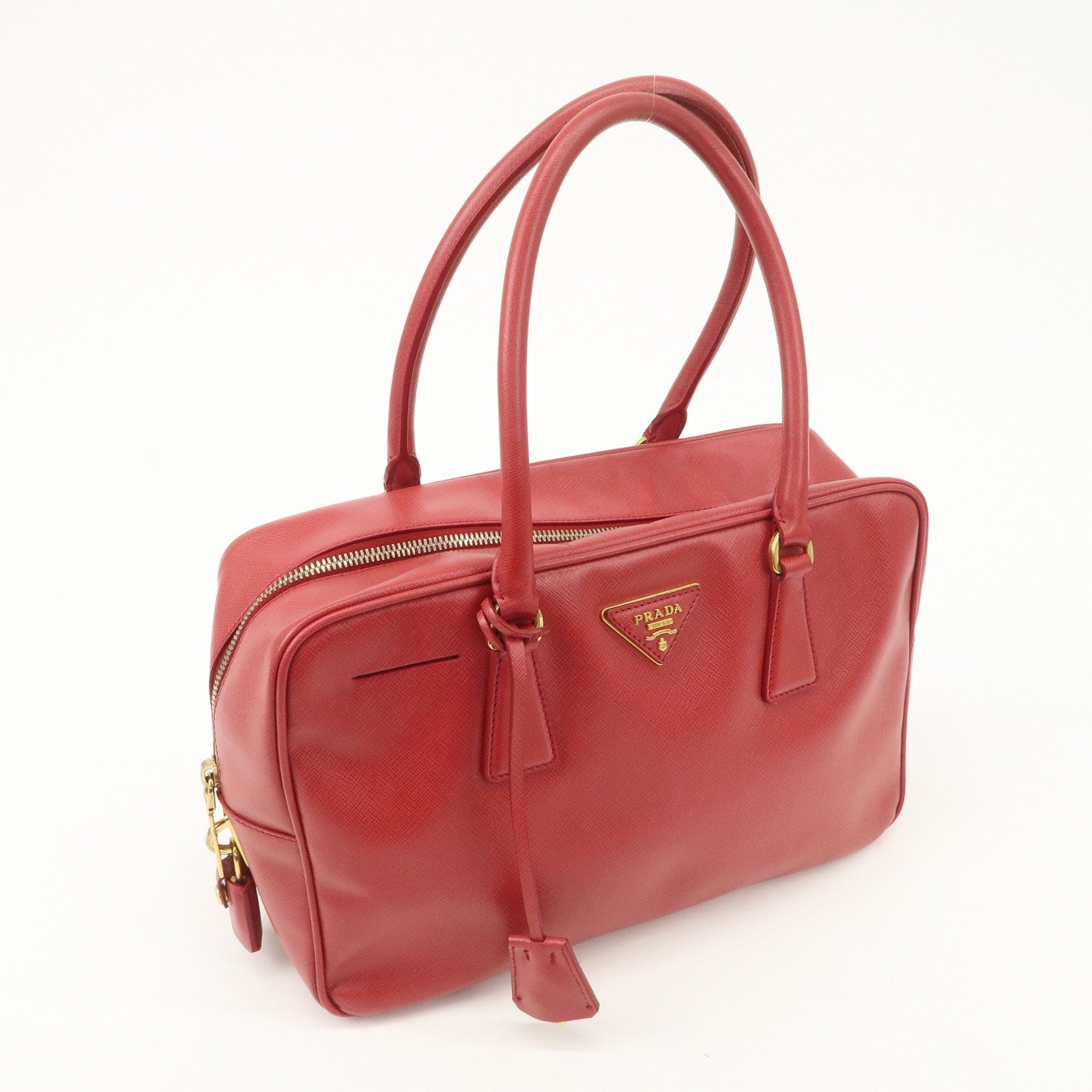 PRADA Triangle Logo Saffiano Leather Boston Bag Hand Bag Red BL0095 Used