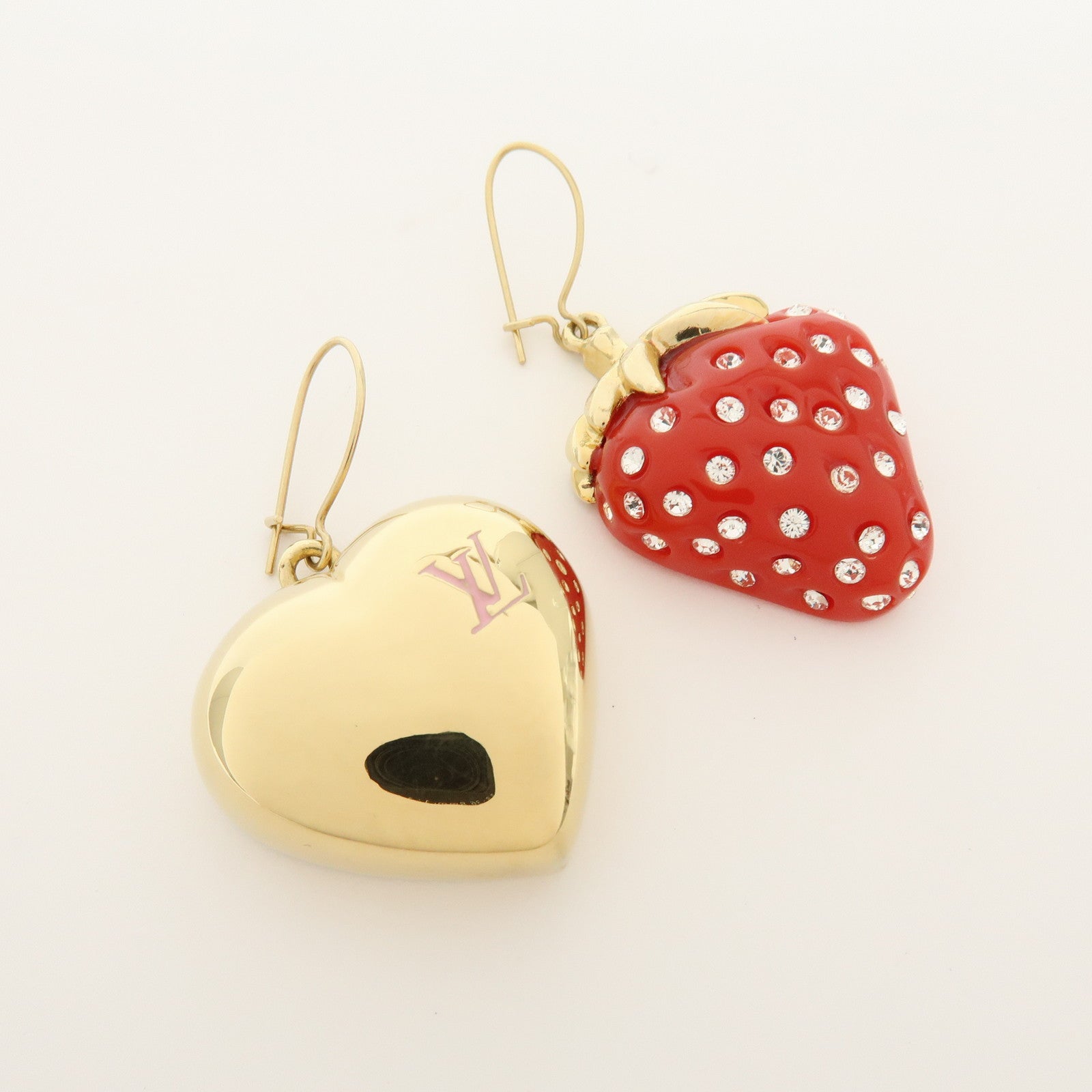 Louis Vuitton Metal Rhinestone Strawberry Earrings Gold Red M64922