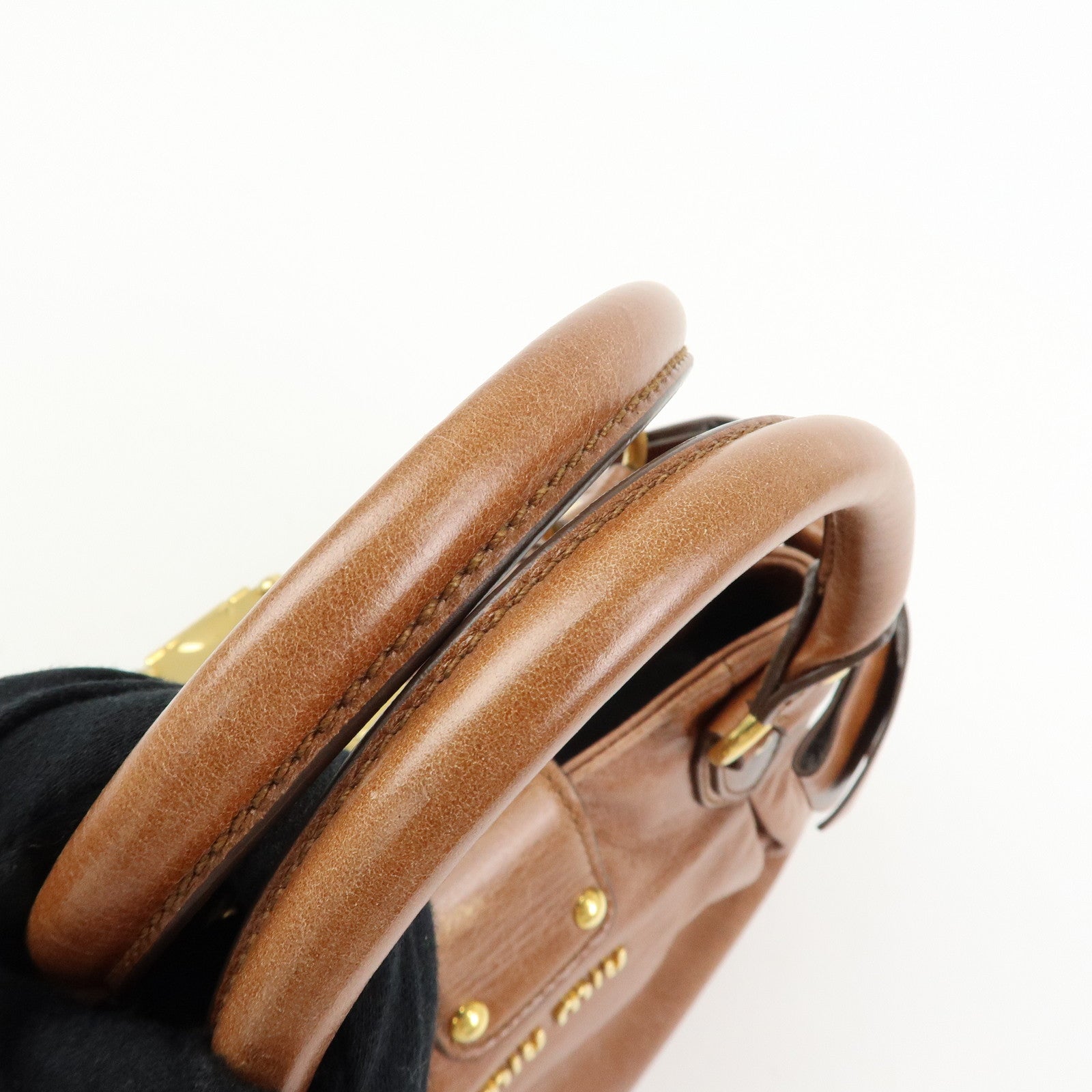 MIU MIU Leather 2Way Bag Hand Bag Shoulder Bag Side Ribbon Brown
