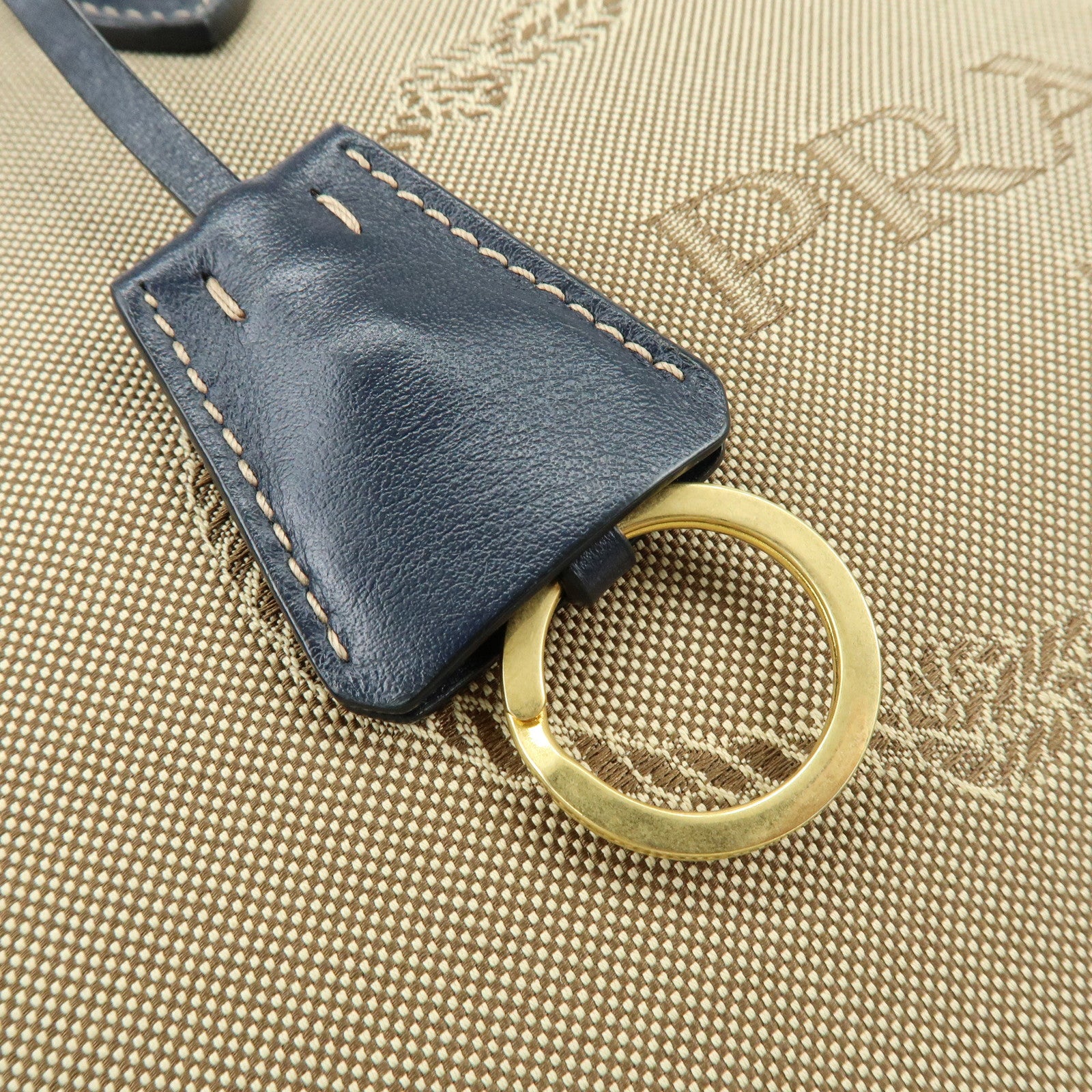 PRADA Logo Jacguard Leather Tote Bag Hand Bag Beige Navy