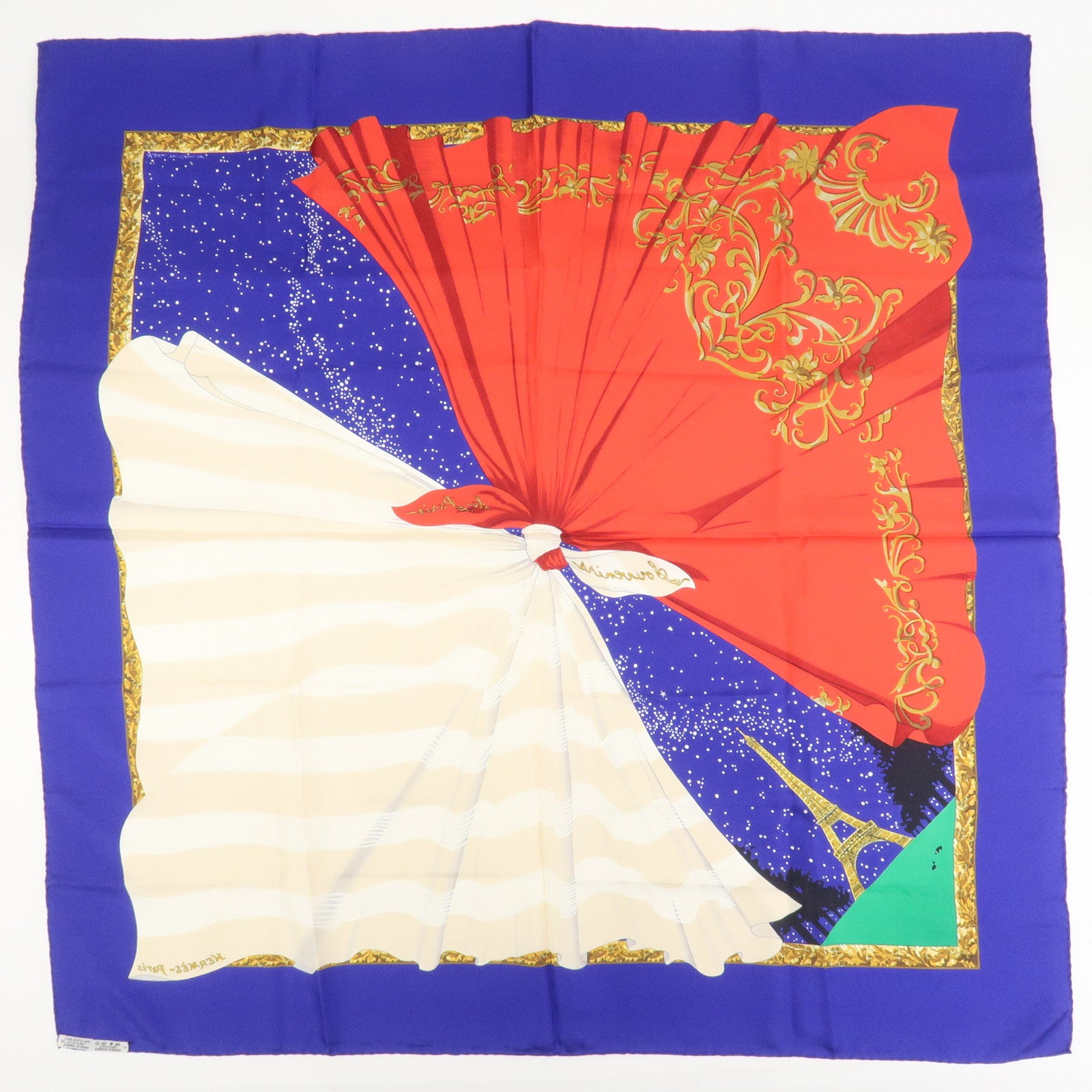 HERMES Carre 90 Silk 100% Scarf Souvenirs de Paris Blue Red Ivory