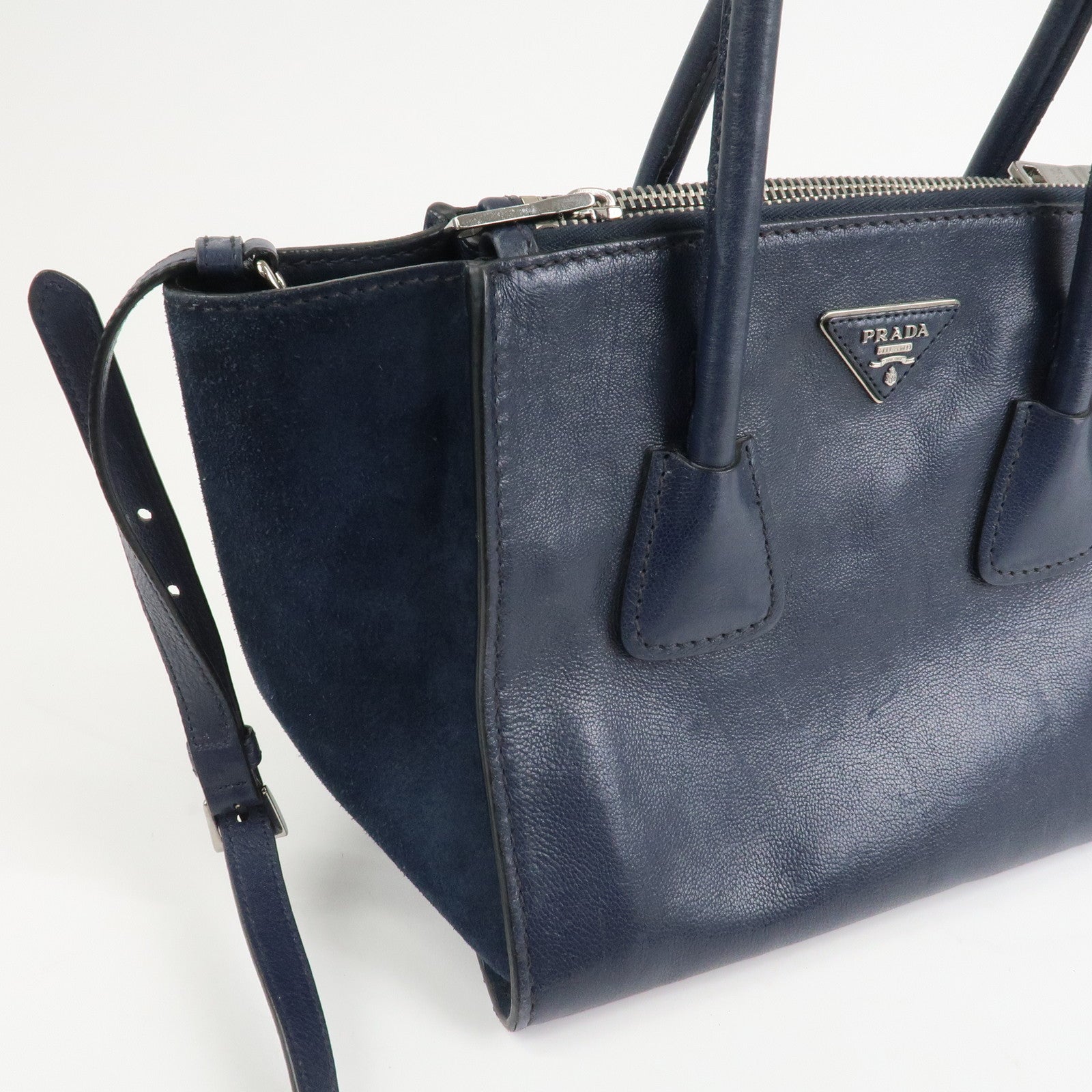 PRADA Triangle Logo Leather 2Way Bag Tote Bag Hand Bag Navy B2625M