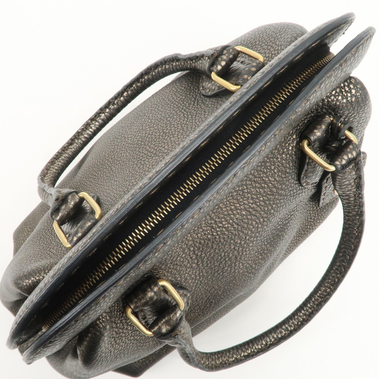 FENDI Selleria Leather Boston Bag Hand Bag Metallic Black 8BN127