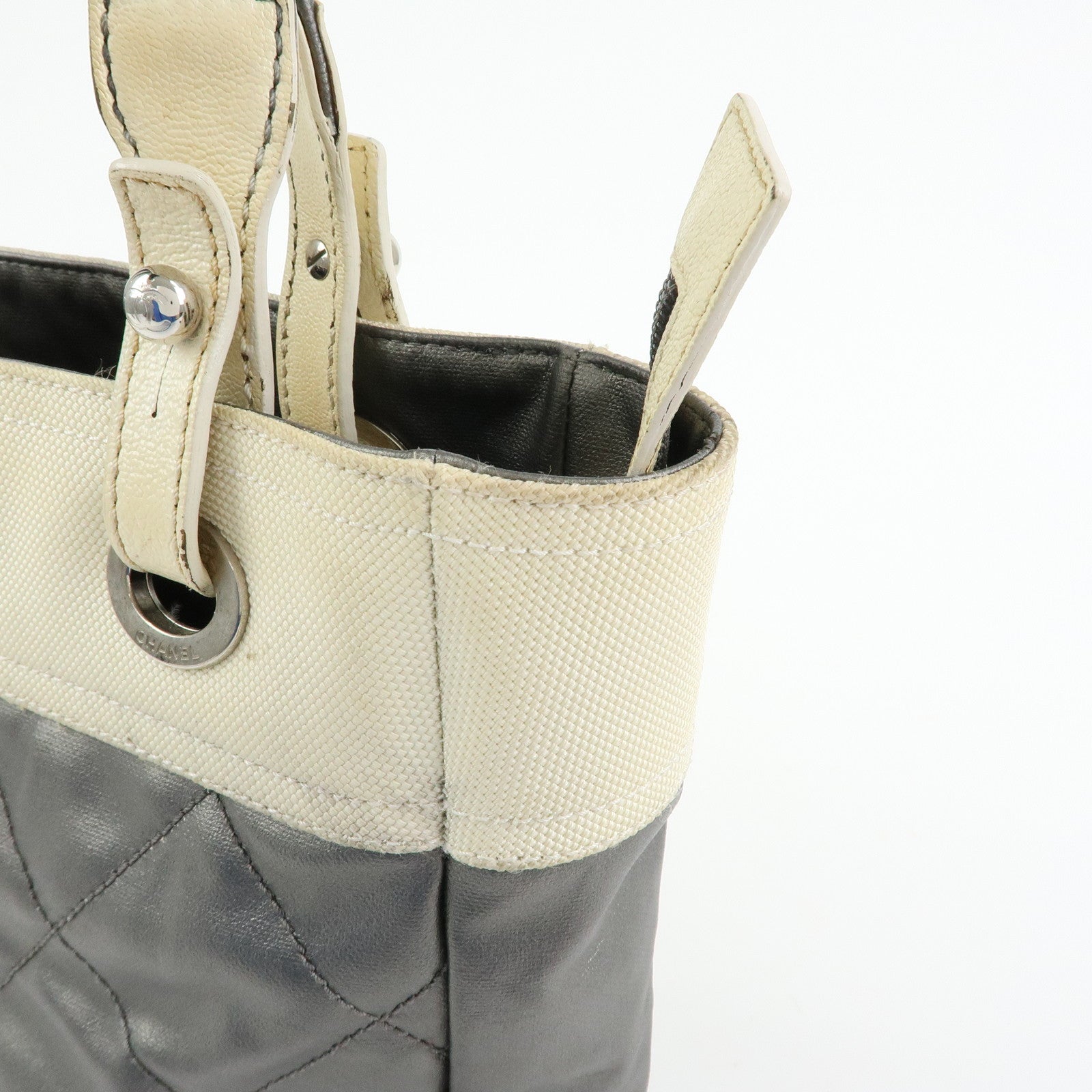 CHANEL Paris Biarritz PM Coated Canvas Leather Tote Bag Gray A34208