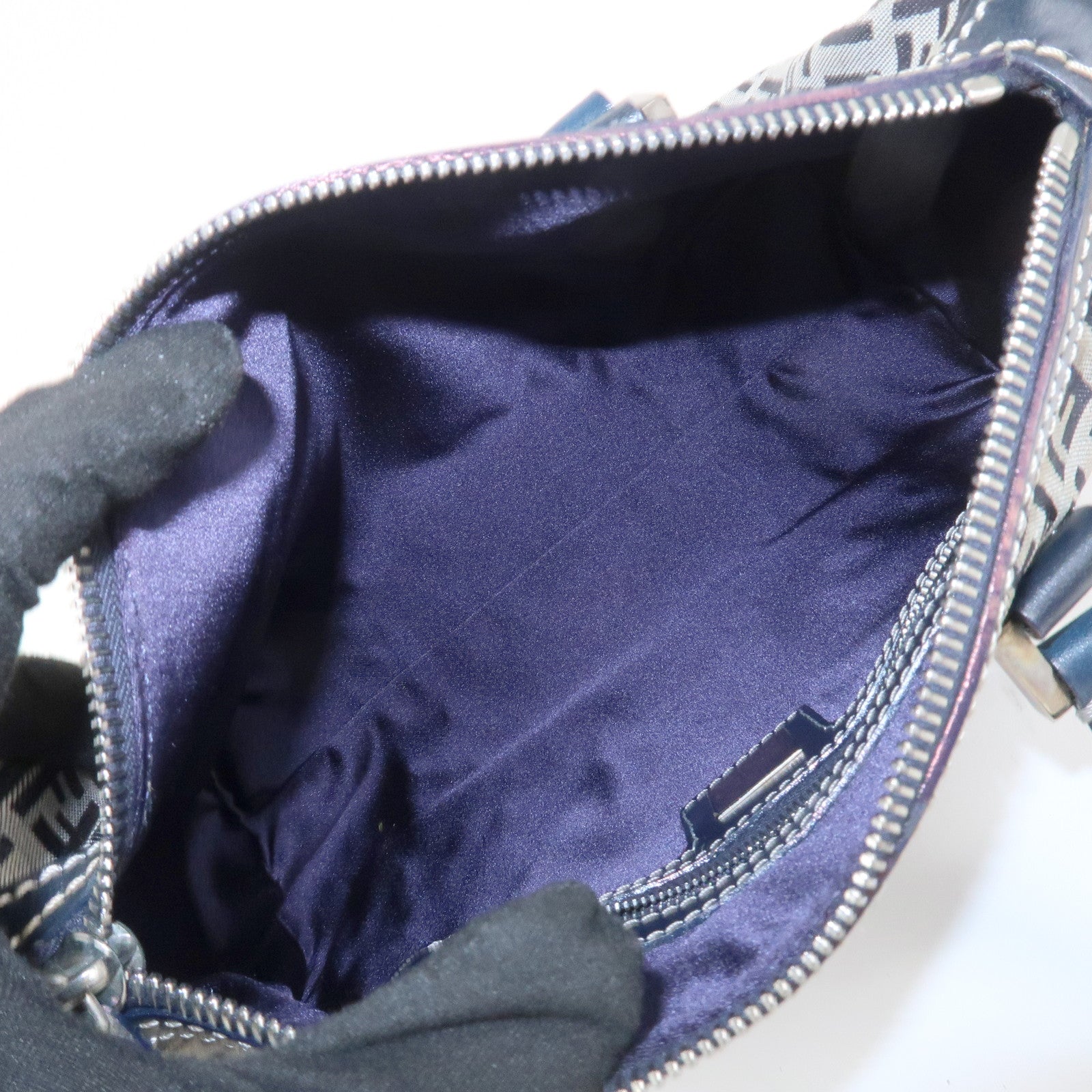FENDI Zucchino Canvas Leather Hand Bag Mini Boston Bag Navy 16327