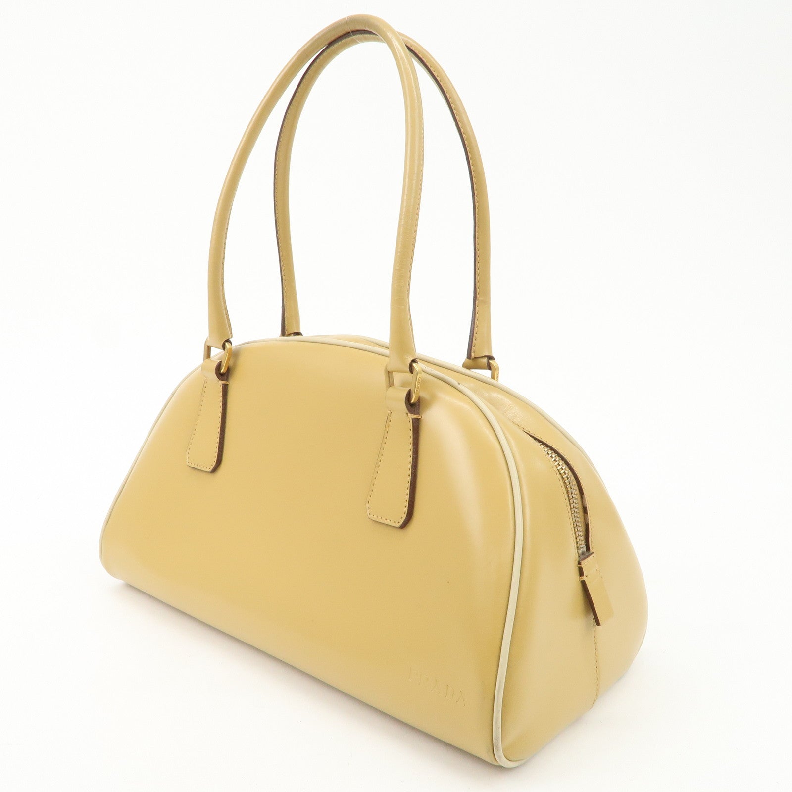 PRADA Leather Bowling Bag Boston Bag Hand Bag Gold HDW Beige
