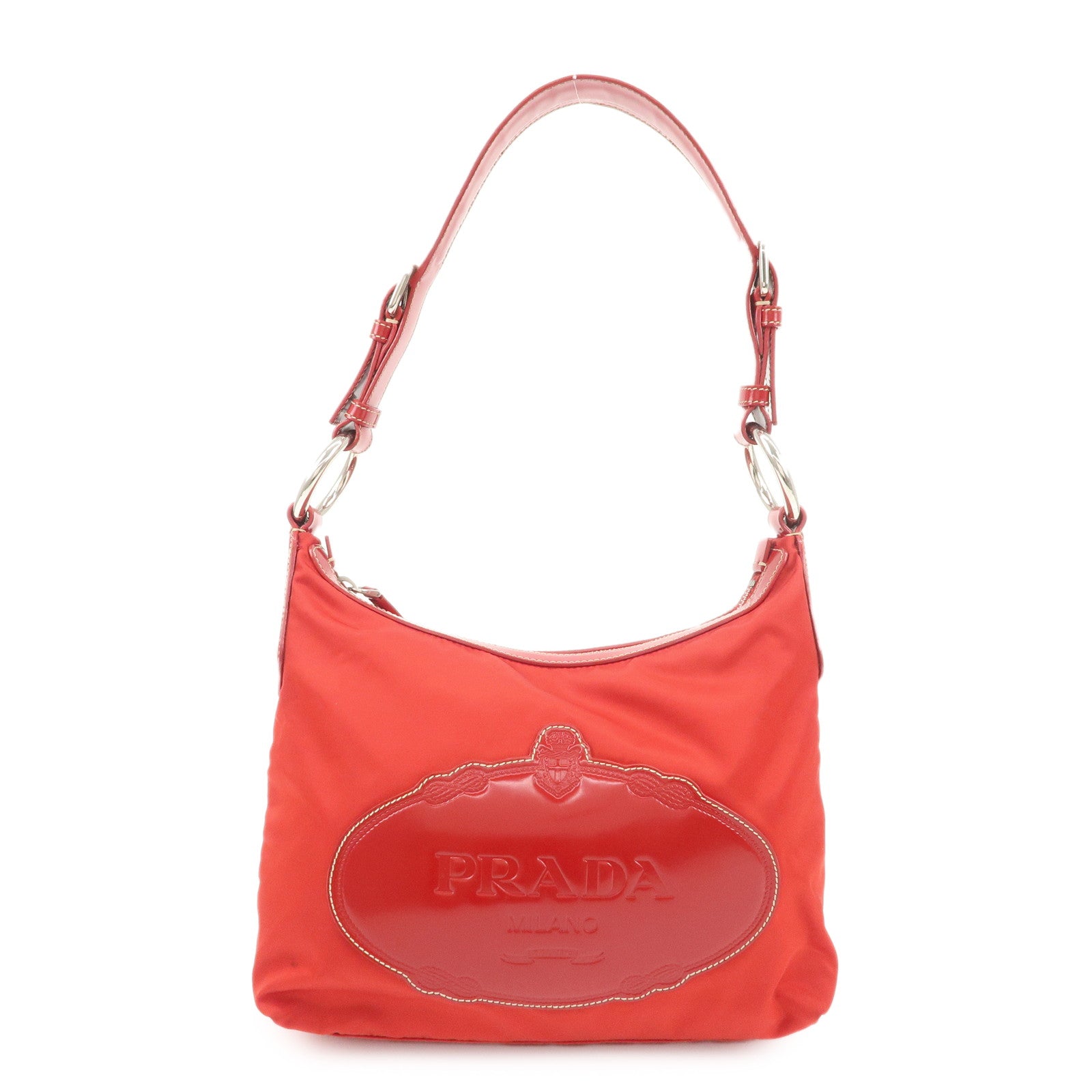 PRADA Logo Nylon Leather Shoulder Bag Silver HDW Red Used
