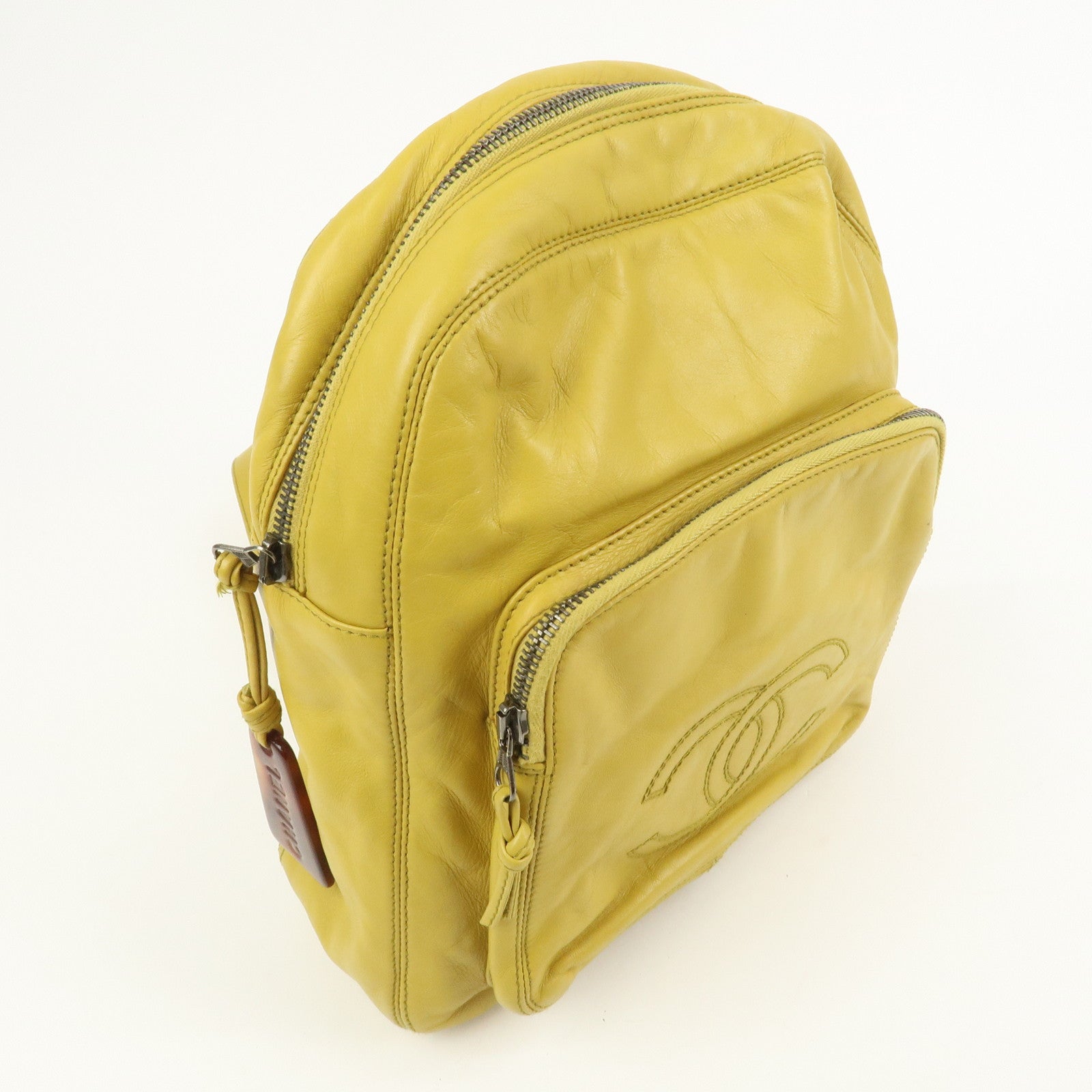 CHANEL COCO Mark Lamb Skin Back Pack Ruck Suck Yellow