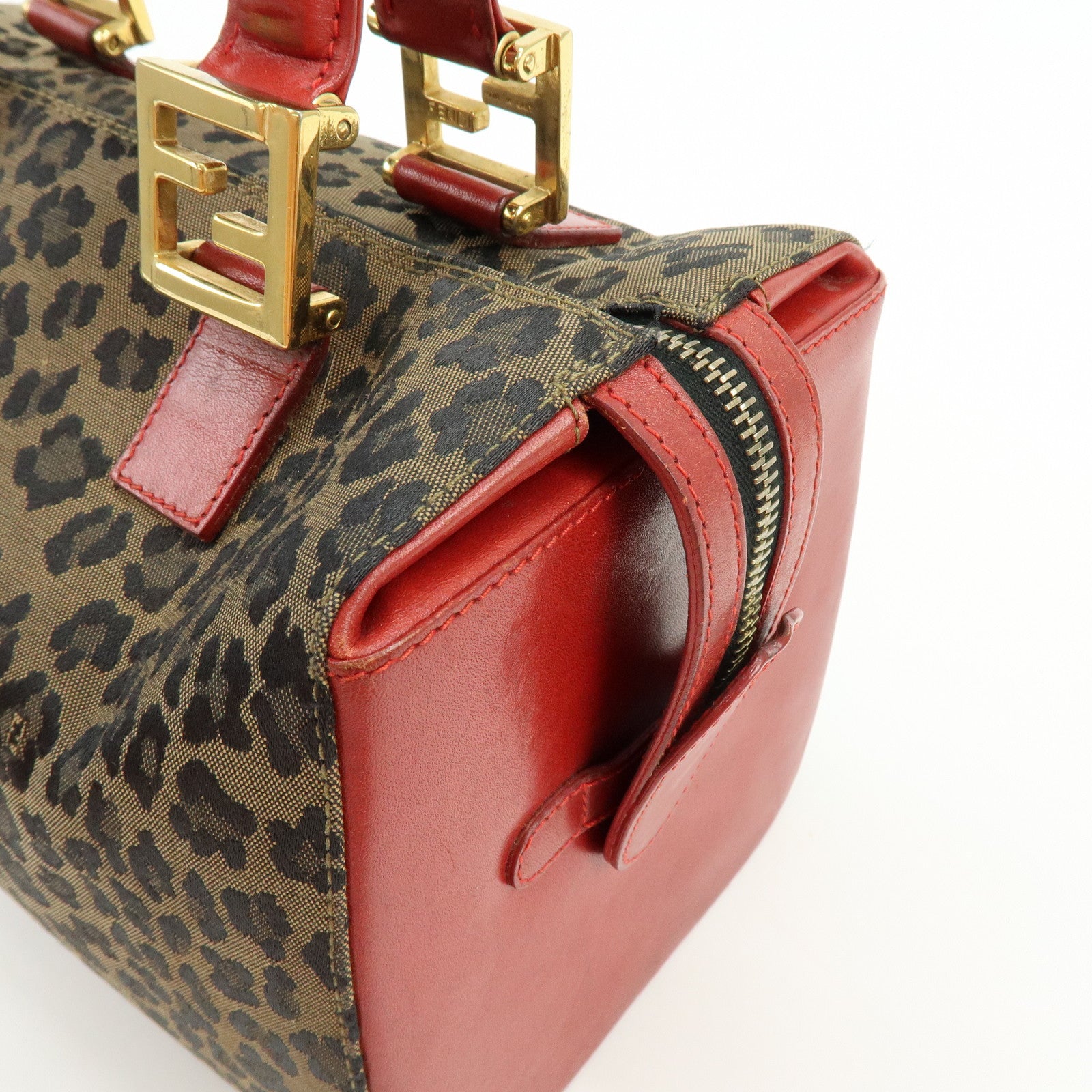 FENDI Canvas Leather Hand Bag Boston Bag Leopard Brown Red