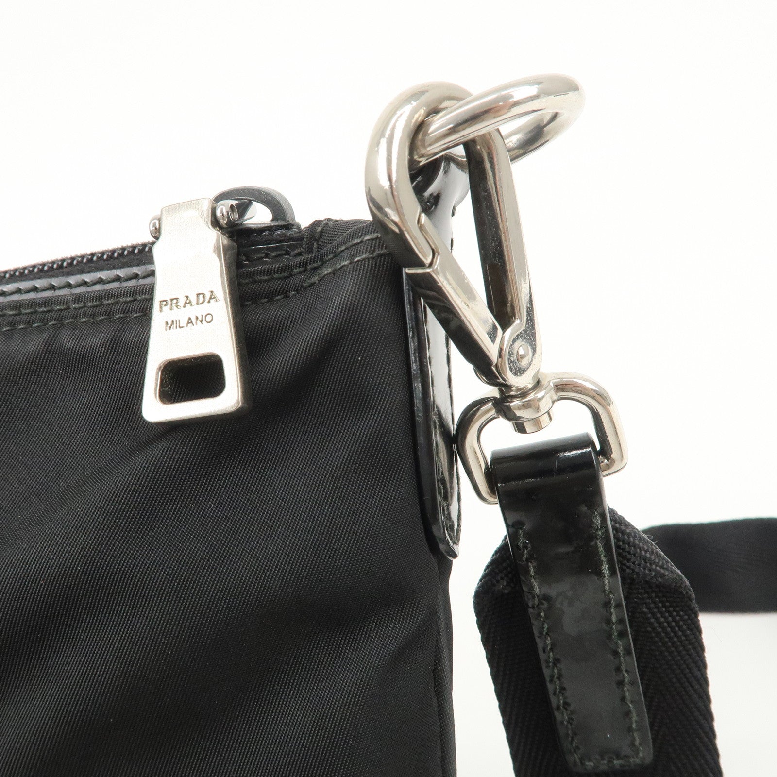 PRADA Triangle Logo Nylon Patent Leather Shoulder Bag Black Used