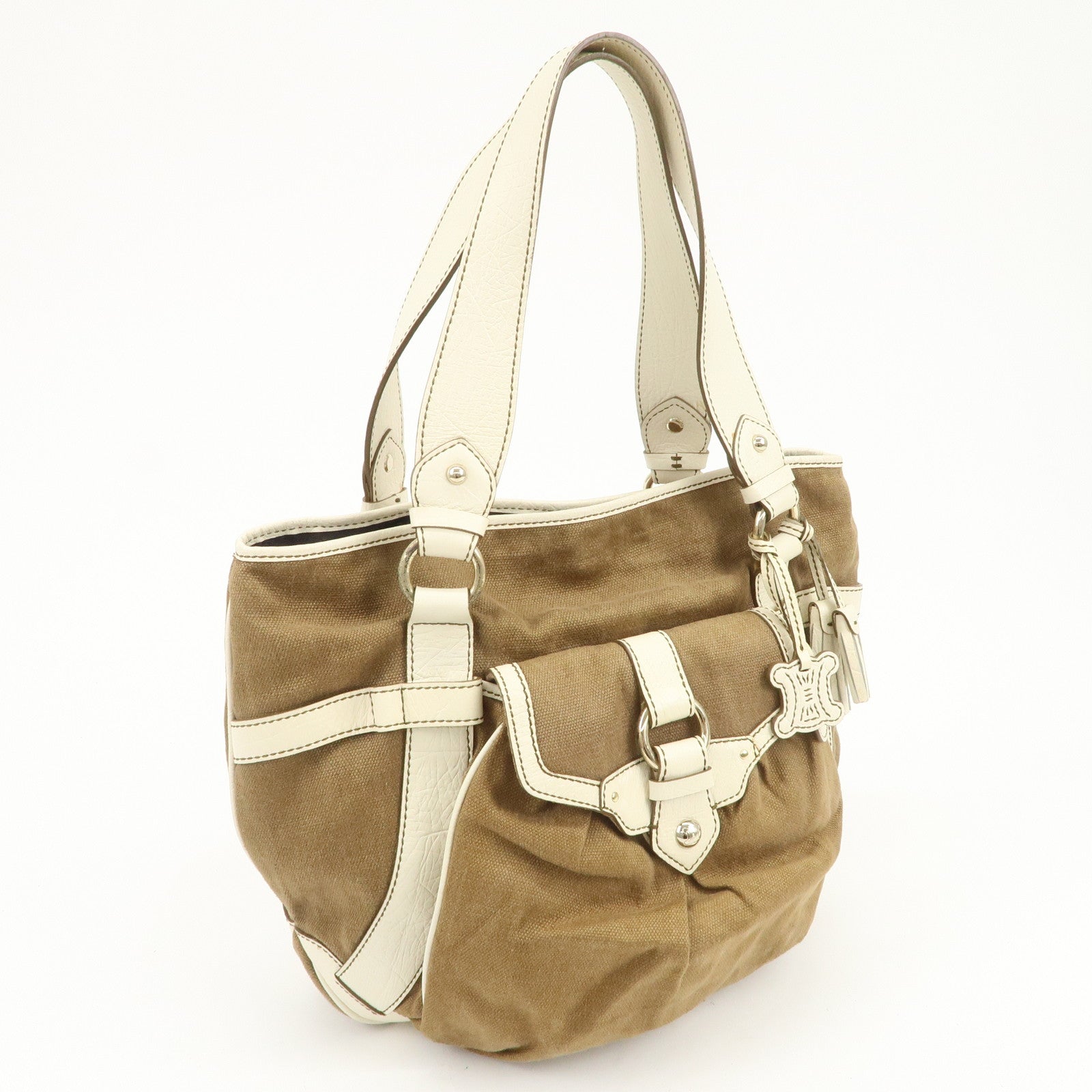 CELINE Logo Canvas Leather Tote Bag Shoulder Bag Brown Ivory