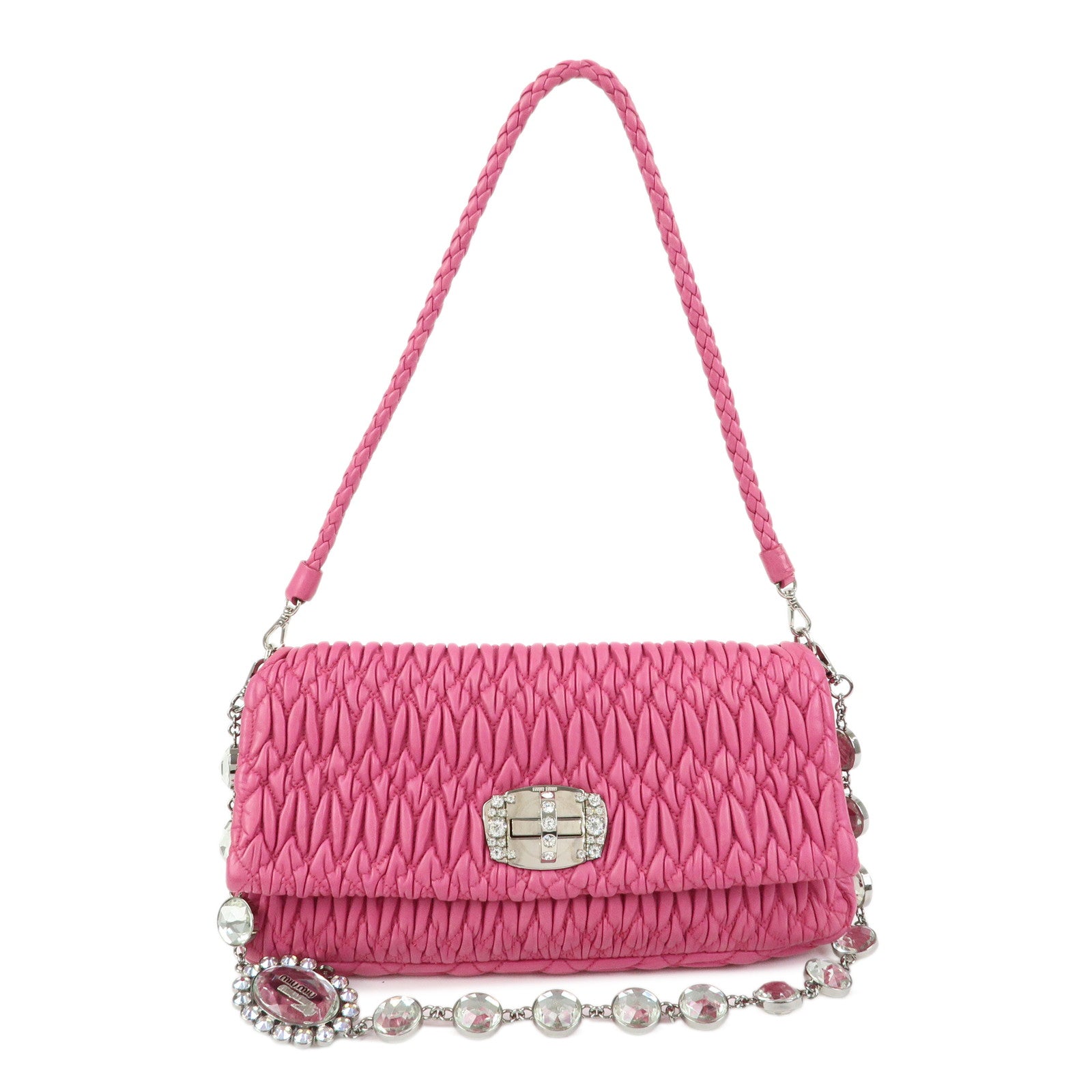 MIU MIU Matelasse Nappa Leather Rhinestone 2Way Bag Pink RP0169